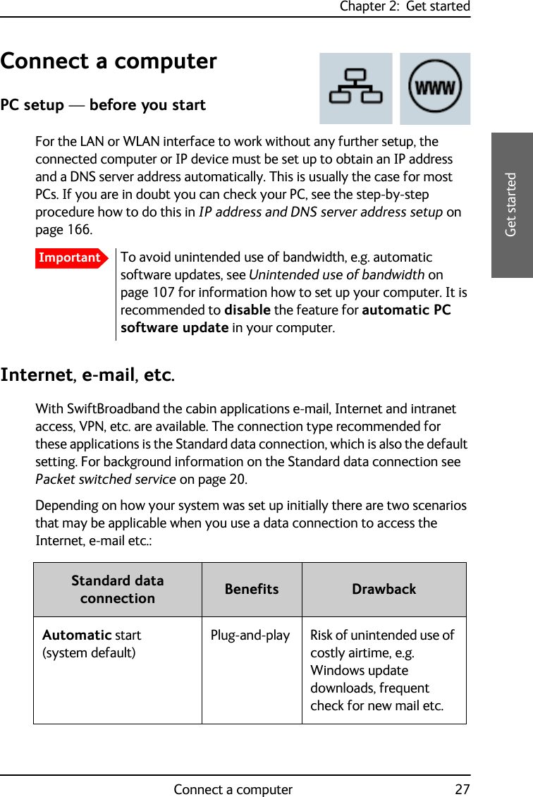 Chapter 2:  Get startedConnect a computer 272222Get startedConnect a computer PC setup — before you startFor the LAN or WLAN interface to work without any further setup, the connected computer or IP device must be set up to obtain an IP address and a DNS server address automatically. This is usually the case for most PCs. If you are in doubt you can check your PC, see the step-by-step procedure how to do this in IP address and DNS server address setup on page 166.Internet, e-mail, etc.With SwiftBroadband the cabin applications e-mail, Internet and intranet access, VPN, etc. are available. The connection type recommended for these applications is the Standard data connection, which is also the default setting. For background information on the Standard data connection see Packet switched service on page 20.Depending on how your system was set up initially there are two scenarios that may be applicable when you use a data connection to access the Internet, e-mail etc.:ImportantTo avoid unintended use of bandwidth, e.g. automatic software updates, see Unintended use of bandwidth on page 107 for information how to set up your computer. It is recommended to disable the feature for automatic PC software update in your computer.Standard data connection Benefits DrawbackAutomatic start (system default)Plug-and-play Risk of unintended use of costly airtime, e.g. Windows update downloads, frequent check for new mail etc.