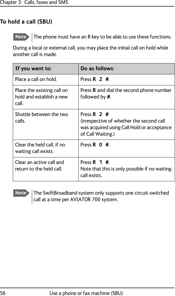 Chapter 3:  Calls, faxes and SMS56 Use a phone or fax machine (SBU)To hold a call (SBU)During a local or external call, you may place the initial call on hold while another call is made. NoteThe phone must have an R key to be able to use these functions.If you want to: Do as follows:Place a call on hold. Press R 2 #.Place the existing call on hold and establish a new call.Press R and dial the second phone number followed by #.Shuttle between the two calls.Press R 2 #(irrespective of whether the second call was acquired using Call Hold or acceptance of Call Waiting.)Clear the held call, if no waiting call exists.Press R 0 #.Clear an active call and return to the held call.Press R 1 #. Note that this is only possible if no waiting call exists.NoteThe SwiftBroadband system only supports one circuit-switched call at a time per AVIATOR 700 system.