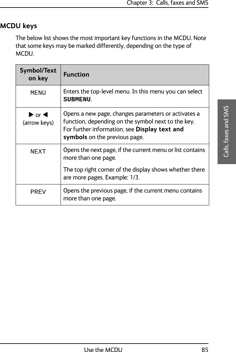 Chapter 3:  Calls, faxes and SMSUse the MCDU 853333Calls, faxes and SMSMCDU keysThe below list shows the most important key functions in the MCDU. Note that some keys may be marked differently, depending on the type of MCDU.Symbol/Text on key FunctionMENU Enters the top-level menu. In this menu you can select SUBMENU. or (arrow keys)Opens a new page, changes parameters or activates a function, depending on the symbol next to the key.For further information, see Display text and symbols on the previous page.NEXT Opens the next page, if the current menu or list contains more than one page.The top right corner of the display shows whether there are more pages. Example: 1/3.PREV Opens the previous page, if the current menu contains more than one page.