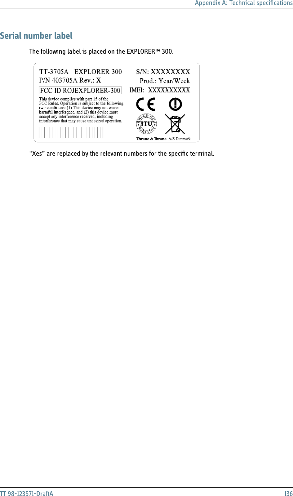 Appendix A: Technical specificationsTT 98-123571-DraftA 136Serial number labelThe following label is placed on the EXPLORER™ 300.“Xes” are replaced by the relevant numbers for the specific terminal.   