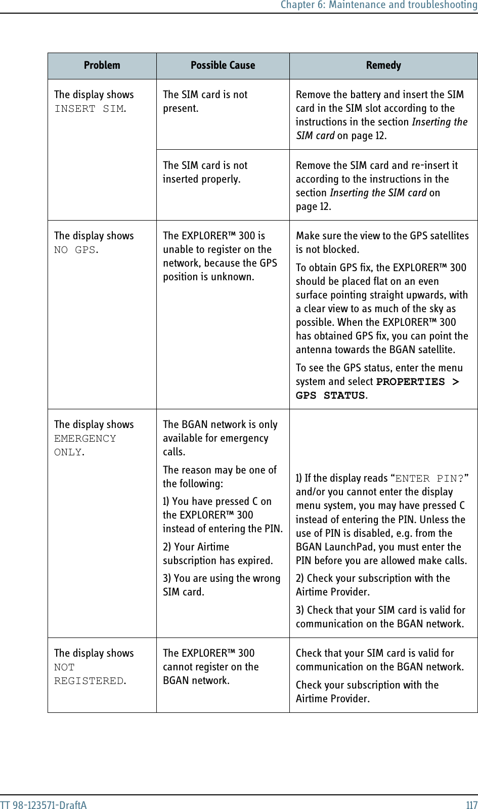 Chapter 6: Maintenance and troubleshootingTT 98-123571-DraftA 117The display shows INSERT SIM.The SIM card is not present.Remove the battery and insert the SIM card in the SIM slot according to the instructions in the section Inserting the SIM card on page 12.The SIM card is not inserted properly.Remove the SIM card and re-insert it according to the instructions in the section Inserting the SIM card on page 12.The display shows NO GPS.The EXPLORER™ 300 is unable to register on the network, because the GPS position is unknown.Make sure the view to the GPS satellites is not blocked. To obtain GPS fix, the EXPLORER™ 300 should be placed flat on an even surface pointing straight upwards, with a clear view to as much of the sky as possible. When the EXPLORER™ 300 has obtained GPS fix, you can point the antenna towards the BGAN satellite.To see the GPS status, enter the menu system and select PROPERTIES &gt; GPS STATUS.The display showsEMERGENCY ONLY.The BGAN network is only available for emergency calls. The reason may be one of the following:1) You have pressed C on the EXPLORER™ 300 instead of entering the PIN.2) Your Airtime subscription has expired.3) You are using the wrong SIM card.1) If the display reads “ENTER PIN?” and/or you cannot enter the display menu system, you may have pressed C instead of entering the PIN. Unless the use of PIN is disabled, e.g. from the BGAN LaunchPad, you must enter the PIN before you are allowed make calls. 2) Check your subscription with the Airtime Provider.3) Check that your SIM card is valid for communication on the BGAN network. The display showsNOT REGISTERED.The EXPLORER™ 300 cannot register on the BGAN network.Check that your SIM card is valid for communication on the BGAN network.Check your subscription with the Airtime Provider.Problem Possible Cause Remedy