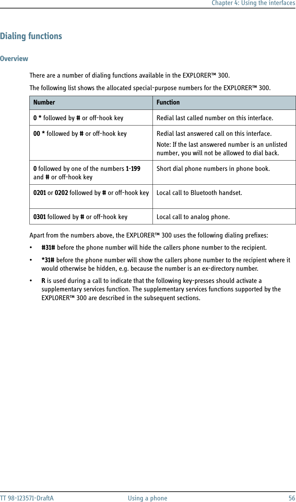 Chapter 4: Using the interfacesTT 98-123571-DraftA Using a phone 56Dialing functionsOverviewThere are a number of dialing functions available in the EXPLORER™ 300.The following list shows the allocated special-purpose numbers for the EXPLORER™ 300.Apart from the numbers above, the EXPLORER™ 300 uses the following dialing prefixes:•#31# before the phone number will hide the callers phone number to the recipient.•*31# before the phone number will show the callers phone number to the recipient where it would otherwise be hidden, e.g. because the number is an ex-directory number.•R is used during a call to indicate that the following key-presses should activate a supplementary services function. The supplementary services functions supported by the EXPLORER™ 300 are described in the subsequent sections.Number Function0 * followed by # or off-hook key Redial last called number on this interface.00 * followed by # or off-hook key Redial last answered call on this interface.Note: If the last answered number is an unlisted number, you will not be allowed to dial back.0 followed by one of the numbers 1-199and # or off-hook keyShort dial phone numbers in phone book.0201 or 0202 followed by # or off-hook key Local call to Bluetooth handset.0301 followed by # or off-hook key Local call to analog phone. 