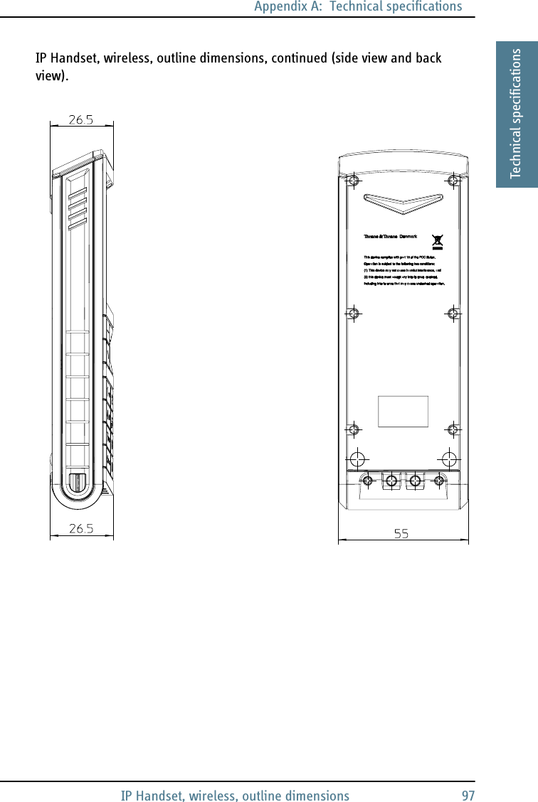 Appendix A:  Technical specificationsIP Handset, wireless, outline dimensions 97AAAATechnical specificationsIP Handset, wireless, outline dimensions, continued (side view and back view).