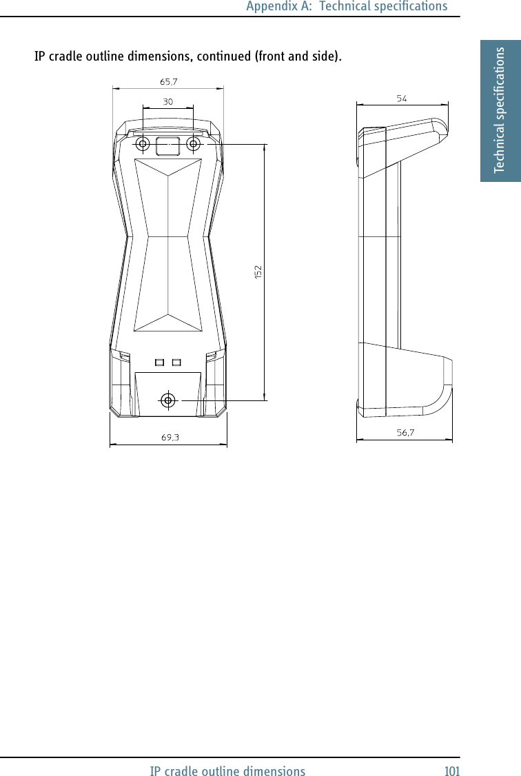 Appendix A:  Technical specificationsIP cradle outline dimensions 101AAAATechnical specificationsIP cradle outline dimensions, continued (front and side).