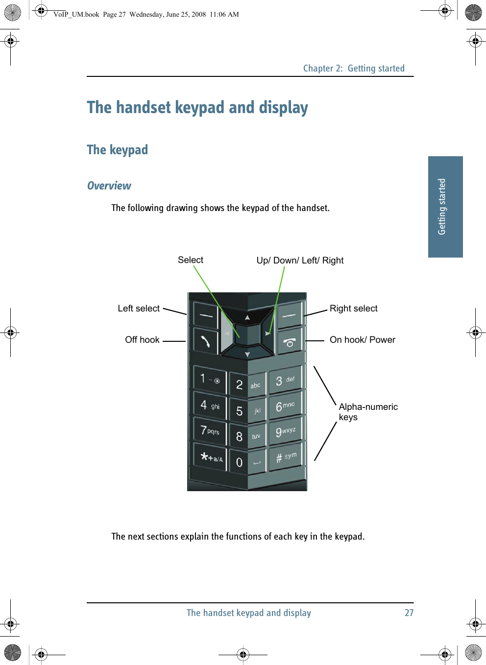 Chapter 2:  Getting startedThe handset keypad and display 2722222Getting startedThe handset keypad and displayThe keypadOverviewThe following drawing shows the keypad of the handset.The next sections explain the functions of each key in the keypad.Left selectOff hookRight selectOn hook/ PowerSelect Up/ Down/ Left/ RightAlpha-numerickeysVoIP_UM.book  Page 27  Wednesday, June 25, 2008  11:06 AM