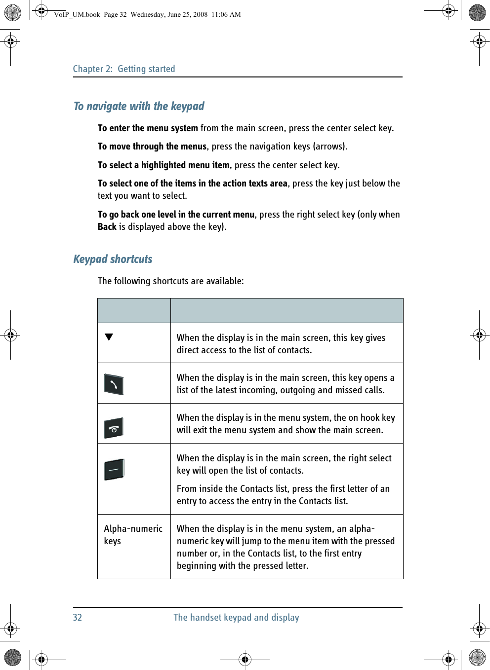 Chapter 2:  Getting started32 The handset keypad and displayTo navigate with the keypadTo enter the menu system from the main screen, press the center select key.To move through the menus, press the navigation keys (arrows).To select a highlighted menu item, press the center select key.To select one of the items in the action texts area, press the key just below the text you want to select.To go back one level in the current menu, press the right select key (only when Back is displayed above the key).Keypad shortcutsThe following shortcuts are available:  When the display is in the main screen, this key gives direct access to the list of contacts.When the display is in the main screen, this key opens a list of the latest incoming, outgoing and missed calls.When the display is in the menu system, the on hook key will exit the menu system and show the main screen.When the display is in the main screen, the right select key will open the list of contacts. From inside the Contacts list, press the first letter of an entry to access the entry in the Contacts list.Alpha-numeric keysWhen the display is in the menu system, an alpha-numeric key will jump to the menu item with the pressed number or, in the Contacts list, to the first entry beginning with the pressed letter. VoIP_UM.book  Page 32  Wednesday, June 25, 2008  11:06 AM