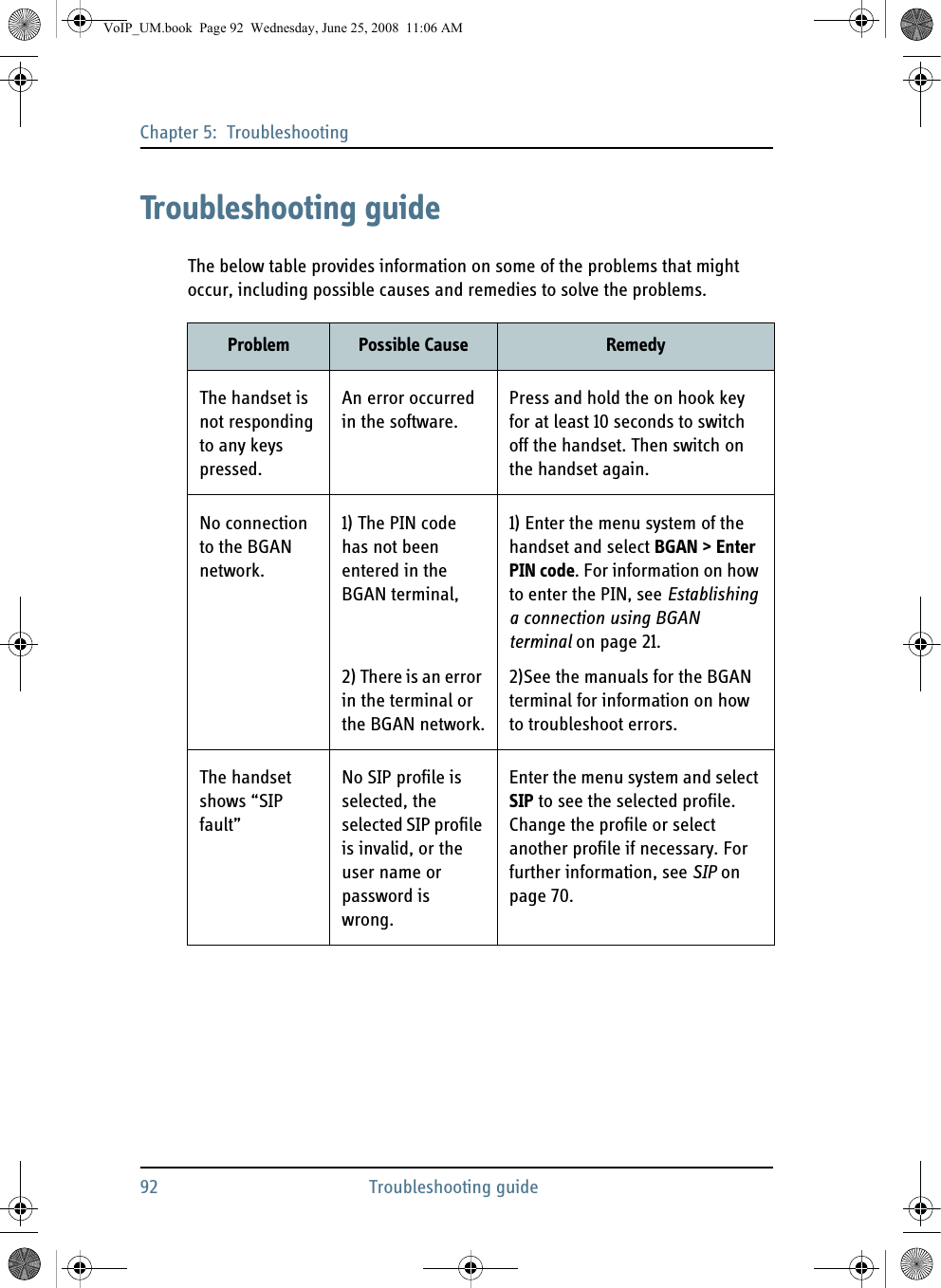 Chapter 5:  Troubleshooting92 Troubleshooting guideTroubleshooting guideThe below table provides information on some of the problems that might occur, including possible causes and remedies to solve the problems.Problem Possible Cause RemedyThe handset is not responding to any keys pressed.An error occurred in the software.Press and hold the on hook key for at least 10 seconds to switch off the handset. Then switch on the handset again.No connection to the BGAN network.1) The PIN code has not been entered in the BGAN terminal,2) There is an error in the terminal or the BGAN network.1) Enter the menu system of the handset and select BGAN &gt; Enter PIN code. For information on how to enter the PIN, see Establishing a connection using BGAN terminal on page 21.2)See the manuals for the BGAN terminal for information on how to troubleshoot errors.The handset shows “SIP fault”No SIP profile is selected, the selected SIP profile is invalid, or the user name or password is wrong.Enter the menu system and select SIP to see the selected profile. Change the profile or select another profile if necessary. For further information, see SIP on page 70.VoIP_UM.book  Page 92  Wednesday, June 25, 2008  11:06 AM