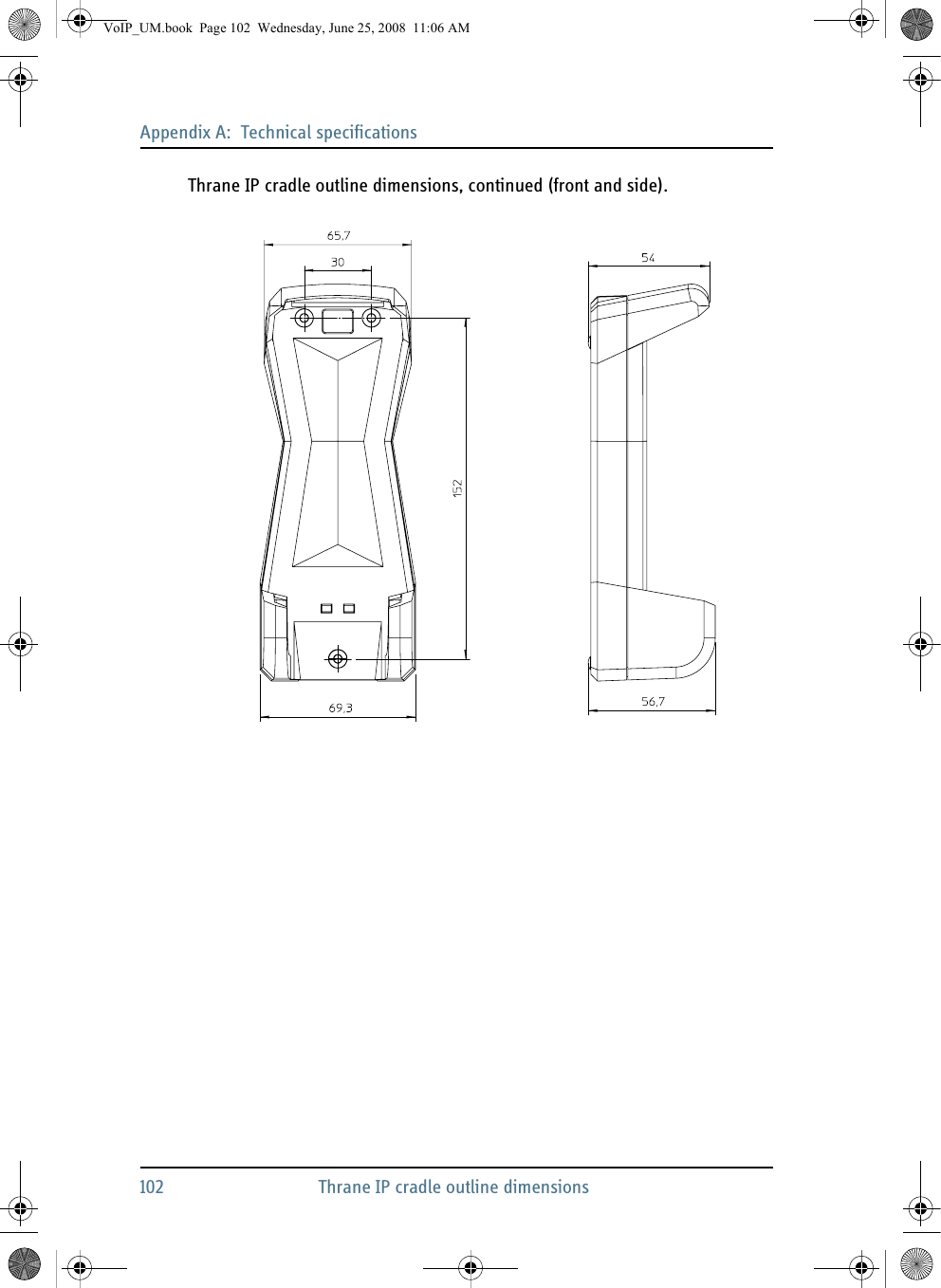 Appendix A:  Technical specifications102 Thrane IP cradle outline dimensionsThrane IP cradle outline dimensions, continued (front and side).VoIP_UM.book  Page 102  Wednesday, June 25, 2008  11:06 AM