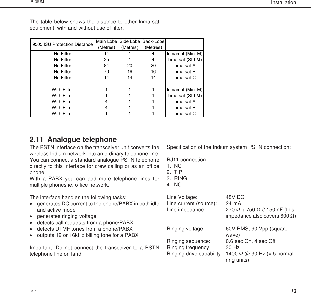 13InstallationIRIDIUM0514The table below shows the distance to other Inmarsatequipment, with and without use of filter.9505 ISU Protection Distance Main Lobe (Metres)Side Lobe (Metres)Back-Lobe (Metres)No Filter 14 4 4 Inmarsat (Mini-M)No Filter 25 4 4 Inmarsat (Std-M)No Filter 84 20 20 Inmarsat ANo Filter 70 16 16 Inmarsat BNo Filter 14 14 14 Inmarsat CWith Filter 1 1 1 Inmarsat (Mini-M)With Filter 1 1 1 Inmarsat (Std-M)With Filter 4 1 1 Inmarsat AWith Filter 4 1 1 Inmarsat BWith Filter 1 1 1 Inmarsat C2.11 Analogue telephoneThe PSTN interface on the transceiver unit converts thewireless Iridium network into an ordinary telephone line.You can connect a standard analogue PSTN telephonedirectly to this interface for crew calling or as an officephone.With a PABX you can add more telephone lines formultiple phones ie. office network.The interface handles the following tasks:•generates DC current to the phone/PABX in both idleand active mode•generates ringing voltage•detects call requests from a phone/PABX•detects DTMF tones from a phone/PABX•outputs 12 or 16kHz billing tone for a PABXImportant: Do not connect the transceiver to a PSTNtelephone line on land.Specification of the Iridium system PSTN connection:RJ11 connection:1. NC2. TIP3. RING4. NCLine Voltage: 48V DCLine current (source): 24 mALine impedance: 270 Ω + 750 Ω // 150 nF (thisimpedance also covers 600 Ω)Ringing voltage: 60V RMS, 90 Vpp (squarewave)Ringing sequence: 0.6 sec On, 4 sec OffRinging frequency: 30 HzRinging drive capability: 1400 Ω @ 30 Hz (= 5 normalring units)