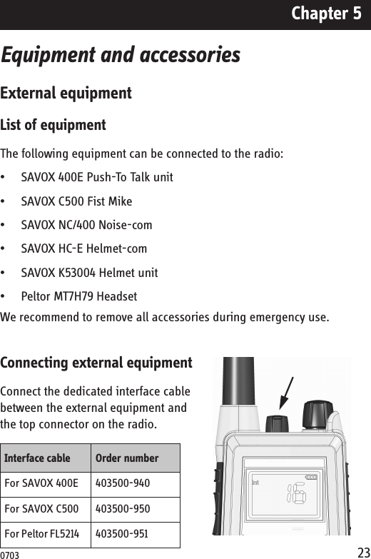 Chapter 523Equipment and accessoriesExternal equipmentList of equipmentThe following equipment can be connected to the radio:• SAVOX 400E Push-To Talk unit• SAVOX C500 Fist Mike• SAVOX NC/400 Noise-com• SAVOX HC-E Helmet-com• SAVOX K53004 Helmet unit• Peltor MT7H79 HeadsetWe recommend to remove all accessories during emergency use.Connecting external equipmentConnect the dedicated interface cable between the external equipment and the top connector on the radio.Interface cable Order numberFor SAVOX 400E 403500-940For SAVOX C500 403500-950For Peltor FL5214     403500-9510703