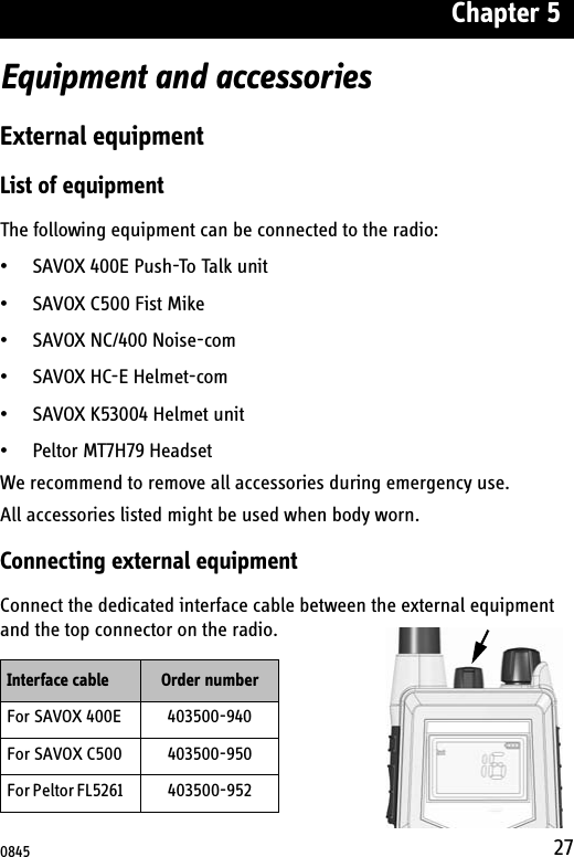 Chapter 527Equipment and accessoriesExternal equipmentList of equipmentThe following equipment can be connected to the radio:• SAVOX 400E Push-To Talk unit• SAVOX C500 Fist Mike• SAVOX NC/400 Noise-com• SAVOX HC-E Helmet-com• SAVOX K53004 Helmet unit• Peltor MT7H79 HeadsetWe recommend to remove all accessories during emergency use.All accessories listed might be used when body worn.Connecting external equipmentConnect the dedicated interface cable between the external equipment and the top connector on the radio.Interface cable Order numberFor SAVOX 400E 403500-940For SAVOX C500 403500-950For Peltor FL5261     403500-9520845