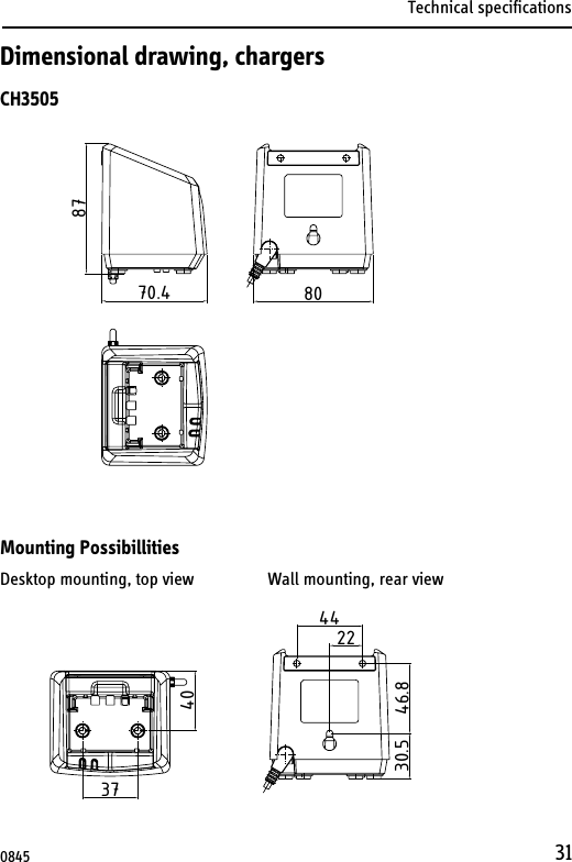 Technical specifications310845Dimensional drawing, chargersCH3505Mounting PossibillitiesDesktop mounting, top view                 Wall mounting, rear view 70.487803740442246.830.5