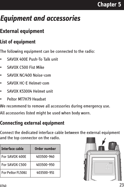 Chapter 523Equipment and accessoriesExternal equipmentList of equipmentThe following equipment can be connected to the radio:• SAVOX 400E Push-To Talk unit• SAVOX C500 Fist Mike• SAVOX NC/400 Noise-com• SAVOX HC-E Helmet-com• SAVOX K53004 Helmet unit• Peltor MT7H79 HeadsetWe recommend to remove all accessories during emergency use.All accessories listed might be used when body worn.Connecting external equipmentConnect the dedicated interface cable between the external equipment and the top connector on the radio.Interface cable Order numberFor SAVOX 400E 403500-940For SAVOX C500 403500-950For Peltor FL5061     403500-9510740