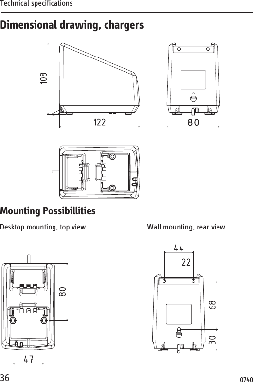 Technical specifications36Dimensional drawing, chargersDeclarat ion of Conformity0740Mounting PossibillitiesDesktop mounting, top view                                Wall mounting, rear view 