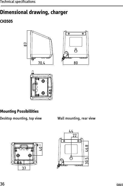 Technical specifications36Dimensional drawing, chargerCH3505Declaration of Conformity084570.48780Mounting PossibillitiesDesktop mounting, top view                 Wall mounting, rear view3740442246.830.5