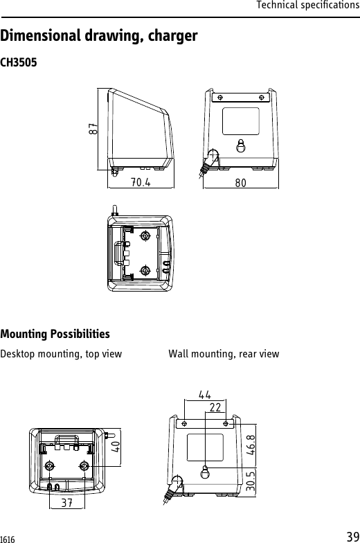 Technical specifications39Dimensional drawing, chargerCH3505Mounting PossibilitiesDesktop mounting, top view                 Wall mounting, rear view70.487803740442246.830.51616