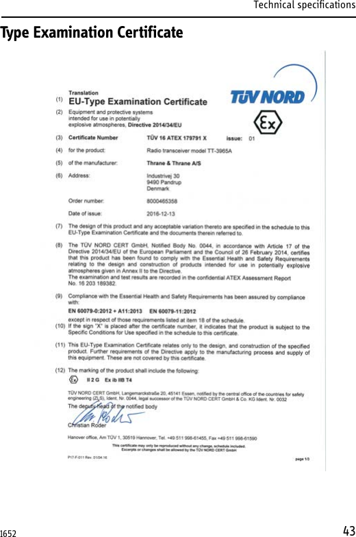 Technical specifications43Type Examination Certificate1652