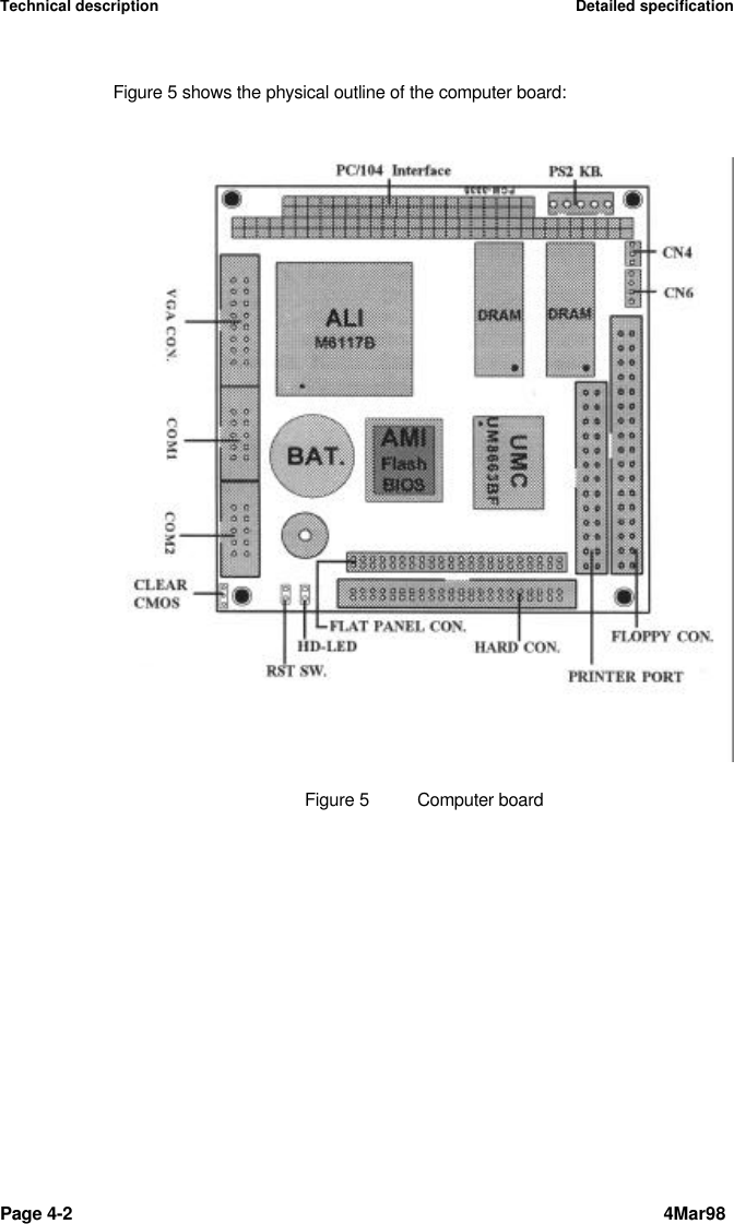 Technical description Detailed specificationPage 4-2 4Mar98Figure 5 shows the physical outline of the computer board:Figure 5Computer board