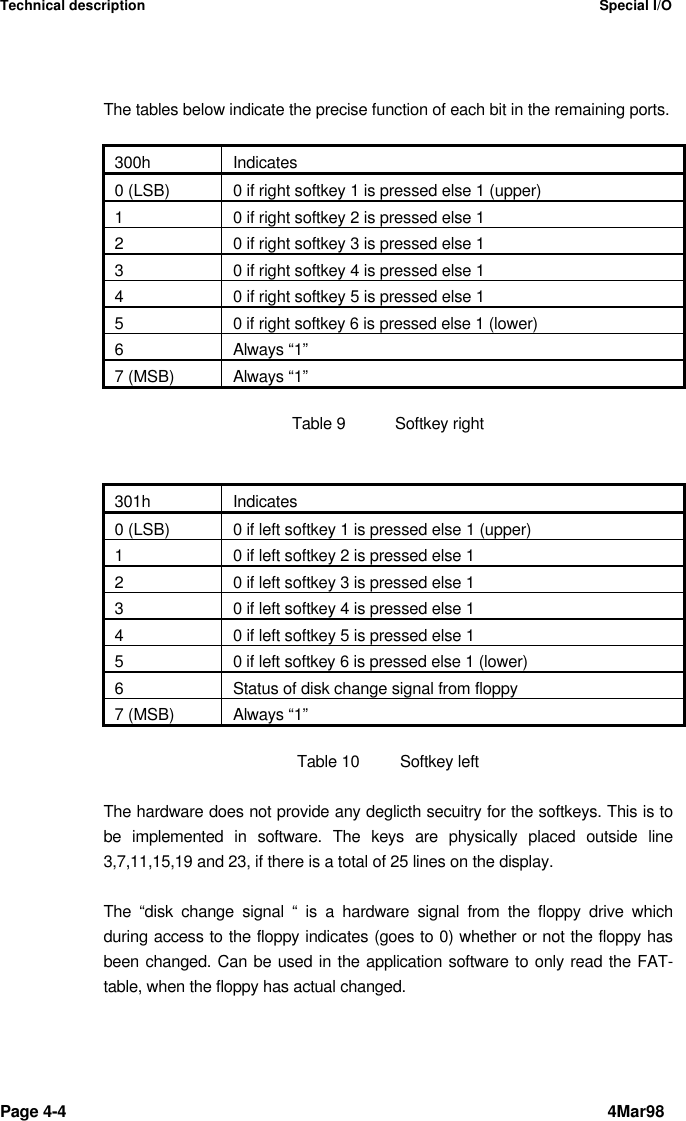 Technical description Special I/OPage 4-4 4Mar98The tables below indicate the precise function of each bit in the remaining ports.300h Indicates0 (LSB) 0 if right softkey 1 is pressed else 1 (upper)10 if right softkey 2 is pressed else 120 if right softkey 3 is pressed else 130 if right softkey 4 is pressed else 140 if right softkey 5 is pressed else 150 if right softkey 6 is pressed else 1 (lower)6Always “1”7 (MSB) Always “1”Table 9Softkey right301h Indicates0 (LSB) 0 if left softkey 1 is pressed else 1 (upper)10 if left softkey 2 is pressed else 120 if left softkey 3 is pressed else 130 if left softkey 4 is pressed else 140 if left softkey 5 is pressed else 150 if left softkey 6 is pressed else 1 (lower)6Status of disk change signal from floppy7 (MSB) Always “1”Table 10 Softkey leftThe hardware does not provide any deglicth secuitry for the softkeys. This is tobe implemented in software. The keys are physically placed outside line3,7,11,15,19 and 23, if there is a total of 25 lines on the display.The “disk change signal “ is a hardware signal from the floppy drive whichduring access to the floppy indicates (goes to 0) whether or not the floppy hasbeen changed. Can be used in the application software to only read the FAT-table, when the floppy has actual changed.