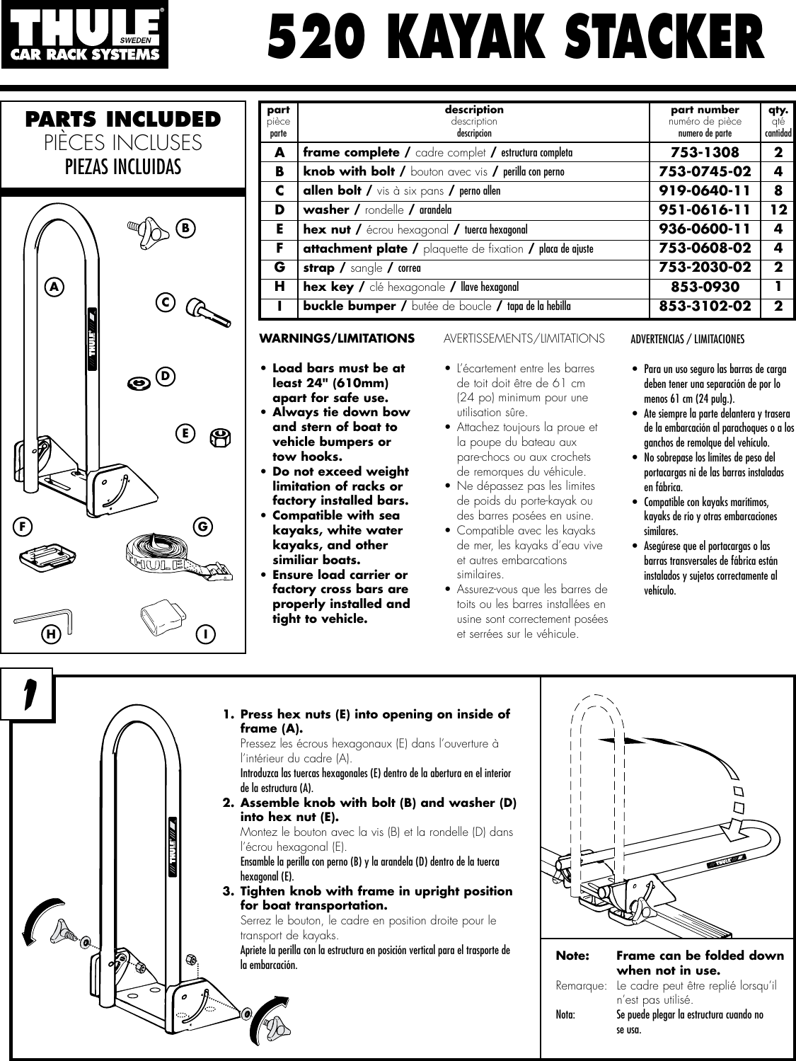 Thule 520 Users Manual 501 5058 04 520 Kayak Stacker