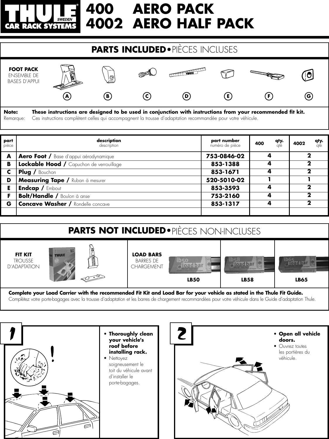 Thule Aero Half Pack 4002 Users Manual 501 5383 400 4002