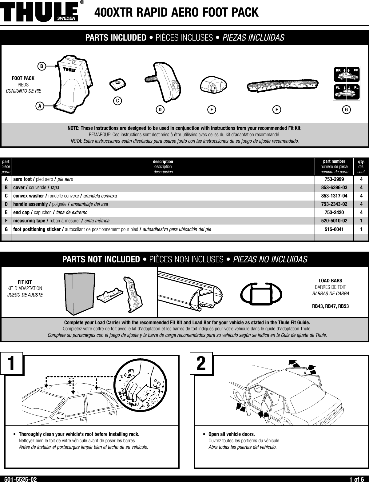 Thule Rapid Aero Foot Pack 400Xtr Users Manual 501 5525 02