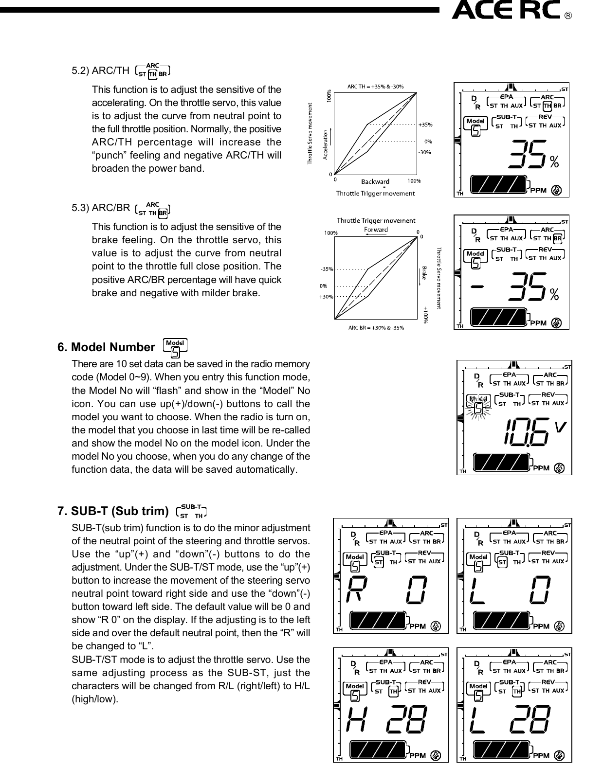 2. D/R (Dual Rate)Press the right edit button, then the cursor will move to “D/R”and entry the steering servo dual rate setting function. Onthe “Value Display”, the current D/R value will be shown. Usethe up and down edit buttons to adjust the value.This D/R function is to adjust the overall travel of the steeringservo. And the D/R setting, the steering servo left and rightsteering angles will be adjusted simultaneously.The default steering D/R setting is 100%, the maximum is150% and the minimum is 0%. More travel (Higher D/R %)means more sensitivity for the steering wheel operating.You also can use the “Digital Steering D/R(Dual Rate) lever”to adjust  the  D/R value all the time  even the  transmitterfunction mode is not under the D/R mode.4. EPA (End Point Adjustment)Basically, EPA (End Point Adjustment) function is to determine the maximumtravel end points for each servo. And for both side traveling, the individual EPAcan be set with difference value. Move the cursor to the channel you select tostart the setting procedure.4.1) EPA / STThis function is to adjust the right(R) and left(L) maximumsteering angle. When entry  this mode, the right sidesteering angle EPA setting will be started first. So on the“Value Display” area, “R” and the current EPA value willbe show there. Using the up/down button to adjust thevalue to get the steering servo right side traveling EPAsetting. Turn the steering wheel to the left side, then the“R” on the display will be switched to “L” and you canadjust the value to get the steering servo left side travelingEPA setting. Under the mode, just use the steering wheelto choose the direction you like to set.The default steering servo  EPA  value is  100%,  themaximum is 120% and the minimum is 0%.NOTE:If the maximum servo traveling is interference withthe mechanical limit, then it will cause the linkagebinding or even damage the servo. So the best wayto set the steering EPA is to hold the steering wheelon the full turn position, then adjust the EPA to thesuitable value and make sure the steering linkagewithout binding.The contents are subject to change without prior notice due to product improvements and specification changes.Digital Pistol Grip Radio Control SystemCongratulations on your purchase of an ACE Cougar P3i digital proportional radio system. The Cougar P3i is thebest choice of the computer pistol grip radio system for driver requirement precision and smoothness of operationat the same time. Equipped with the 10-model memory, large LCD display, digital trims, AUX channel 3 button,and lots of advanced programming functions with all of the new bells and whistles.With proper use and care, ACE Cougar will make the control advanced and simple, and provide you with manyyears of enjoyment. Before operating your new radio system or installing into your model, please take a few minutesto familiarize with the various features of the system by reading this owner’s manual thoroughly.No.8306Item COUGAR P3i Radio SystemItem No 8306 8306-S1 8306-C1Transmitter COUGAR P3iReceiver TR301FServos N/I S1903 x 1 C1016 x 1Accessory Switch hardness x 1, Receiver Battery holder x 1, Frequency flag x 11. Transmitter Antenna: Never operate the transmitter without extending this antenna or you may create interferenceto other modeler.2. Power Indicator: The LED light display to indicate the power is “on” or “off”.3. Edit Buttons: The left and right buttons are the “functions” selecting keys. The up(+) and down(-) buttons arethe value adjusting keys.  For the detail of the operating of these buttons, please refer the “Function” settingprocedure (Page?)4. LCD Display: The Cougar transmitter adopts the “Easy-to-Read” display design. All the setting functions areshown on the display. Just use the ‘Edit Buttons” to select the function (left and right key) and do the setting(up and down key). For the detail setting procedure for all the function show on the display, please refer the“Function” setting procedure (Page?).5. Digital Steering Trim lever: Push this lever left or right to adjust the center point of the steering servo. Followthe adjustment, the cursor will move on the top ruler line of the LCD screen to display the current position.Basically, this adjustment is to run the model straight.6. Digital Throttle Trim lever: Push this lever up or down to adjust the center point of the throttle/brake servo.Follow the adjustment, the cursor will move on the left ruler line of the LCD screen to display the current position.Basically, this adjustment is to set the braking amount of “Drag Brake” or “Coast Brake”.NOTE: With the Digital Throttle Trim function, the maximum throttle servo travel setting will not be effected toprevent loss the full-throttle position setting. But for the Digital Steering Trim, the maximum steering servotravel setting will be changed on both left and right side. So, if the setting is not suitable, it will cause theinterference with the mechanical limit, and will have the chance to bind the steering linkage or evendamage the steering servo.7. Digital Steering D/R(Dual Rate) lever: Push this lever left or right to adjust the amount of the steering dualrate. Right to increase the dual rate amount and left to decrease the amount.8. AUX Ch Button: Provides an extra function for the control of the model movements.9. External Charging Jack: Recharge the transmitter battery only as using a rechargeable NiCd/NiHM batterypack.10. RF Module and crystal: The crystal is plug-in the RF Module and the module unit is also plug-in the transmitter.Both AM&amp;FM modules with difference frequency(26/27/40/75) are available for the Cougar radio system. Justpress the tabs on both side of the module unit with your thumb and finger while pulling it outward to removethe module from the transmitter.NOTE: It’s recommended to use only the ACE crystal set, and to change the both transmitter and receiver crystalat the same time.11. Steering Wheel: Controls the steering of the model.12. Power Switch: Sliding to turn the transmitter on or off. Between “ON” and “OFF”, there is a selection of “DISPLAY”.When the switch is placed in the “DISPLAY” position, you can use the left and right edit buttons to get datasetting for all the function show on the LCD display. But you edit that and also cannot use that to drive the model.13. Throttle Trigger: Pull or push to control the movement of the model.14. Steering tension adjustment: Use a Phillip type screw driver to tighten or loosen the tension of the steeringwheel.15. Battery Cover: Sliding to remove the cover to install or remove the batteries.4.2) EPA/THThis function is to adjust the full throttle (H) and low/brake (L) operating amount.Entry the EPA/TH setting mode, pull the trigger back, “H” will be show on left side of the “Value Display”and the current EPA value will be show beside “H”. Using the up/down button to adjust the value to get thefull throttle EPA setting.Push the trigger forward, then “H” will changed to “L”, then use the up/down button to adjust the value toget the brake EPA setting. 4.3) EPA/AUXThis function is to adjust the auxiliary 3rdchannel EPA. Entry the EPA/AUX settingmode,  same  as  previous  steering  andthrottle EPA setting process, you can pressthe AUX Ch Button to select each side servotraveling setting. On the display, it will show“H” and “L” to represent the different sideEPA setting.5. ARC (Adjust Rate Control)This ARC function is to change the correspondmovement curve of the servo and operating stick.(steering wheel and throttle trigger) When ARCis 0%, then the movement curve is linear. All thedefault ARC percentage value is 0%. The detailsetting and effect of this function are describedas below.5.1) ARC/STBasicall y,  this  function is  to  chan ge  thesensitivity of the steering servo around theneutral position. So this value setting willeffect  both  sides  (left  and  right)  of  thesteering servo movement in the same timeand same percentage.Negative steering ARC setting will make itless sensitivity (slower) around the neutralpoint operating area and faster out of theneutral poi nt area. Positive steering ARCwill have the opposite effect.Basically, there are 4 main areas on the screen. They are“Menu”, “Value Display”, “Status Display”, and “Trim positionruler”. Using the left and right “Edit Buttons”, the cursorwill be moved to the function you like to edit. When youentry the menu function, you can press the up and down“Edit Buttons” to edit the value. After setting, just pressthe right and  left  buttons  to move  the cursor to  otherfunction and the previous value already be saved.1. Power OnSlide up the “Power Switch” to turn on the radio. You will hear a short “Bi” tone. Then on the display, the “modelnumber”(         ) will be shown on the “Menu” area, and the battery voltage value”(             ) will be shown on“Value Display” area, and  “battery voltage status diagram”(                 ) / transmitter system ( “         ” ) and tonesetting ( “      ” ) will be shown on “Status Display” area.On the top and left ruler line of the screen, the current neutral position of the steering and throttle servos will beshown on the top and left “Trim position ruler”.You can use the current selected model number setting to play your model. Or use the “Edit Buttons” to startthe programming procedure. The following are the order of the set-up procedure and detail description for eachfunction.NOTE:1) For the current battery status can be easy read from the voltage value or battery status diagram. Chargingor change the battery when the voltage is lower than 8.8V.2) For the radio RF system, the Cougar P3i is adopt the PPM system, so the           . will be show on the displayall the time.2. Audio on/off beep setting “      ”The default setting of the audio beep sound is “On”. So there will be no icon show on the right lower displayscreen. Under the “Audio on” mode, you can hear “Bi” sound when you press the edit button or digital trim lever.If you don’t like the audio on mode, you can turn off that and switch to the “silent” mode by the following procedure.When you switch to the “Silent” mode, the silent icon “      ” will be show on the right lower display screen.1) Turn off the radio.2) Pressing the “up”(+) edit button and hold it.3) Turn on the radio, and you will hear a short “Bi” tone (power on) and later a long “Bi” tone (finish tone modeswitching). Then release the hold finger on “up”(+) edit button.NOTE:Repeat the above 1)~3) procedure, then youcan switch  the “audio off” silent mode to the“audio on” mode.Thank you for purchasing of the ACE RC COUGAR Radio. Thunder Tiger strives to bring you the highest level ofquality and service we can provide. We race and test our products around the world to bring you state-of-the-artitems. Thunder Tiger guarantees that you should enjoy many hours of trouble free use from our R/C products.Thunder Tiger products have been sold worldwide through the authorized distributors that are supported directlyand rapidly from Thunder Tiger. You may find that Thunder Tiger is always pursuing to explore new items creativelywith highest quality. To update the latest product information and to get the best technical support, please feel freeto contact your local hobby shops or Thunder Tiger authorized distributor.TROUBLE SHOOTINGDo not try to operate your model if you find your radio is not working properly. Check out the radio as followingsteps. If you can not solve the problems then contact with the Thunder Tiger authorized distributor for service.Transmitter batteries replacement/installation1) Slide the battery cover in the direction as shown to remove the cover.2) Install 8pcs alkaline or rechargeable “AA” size cells into the battery holder that connected with the transmitter.3) Slide on the battery cover and make sure it is closed securely.4) Turn the power on to check. If the Power Indicator LED fails to light, check the batteries for insufficient contactor incorrect battery polarity.NOTE:a) Use only fresh, alkaline cells, all of the same brand.b) Make certain that the contacts in the battery hold er stay clean by using a pencil eraser to gently remove anycorrosion or dirt that may accumulate on them. It is recommended to do this each time you install fresh cellsinto your transmitter.c) If use the rechargeable 9.6V battery pack, then just remove the battery holder by pull out the connector fromthe transmitter. Then plug-in the battery pack connector to the transmitter.d) When the rechargeable battery is installed in the transmitter, they can be charged through the external chargingjack located on the transmitter.WARNING:a) Do not attempt to charge the alkaline batteries, they may cause explode!!b) When charge the rechargeable battery, set the power switch on “OFF” position before charging. And thecharger plug must be correct type (“+” inside and “-“outside, type TAMIYA N-3U or equivalent). The wrongtype may burst causing personal injury and damage.c) Always be sure the batteries are loaded in the correct polarity order. If the batteries are load incorrectly, thetransmitter may be damaged.Receiver battery replacement/installationInsert 4 fresh AA cells into the receiver battery holder. Make sure the batteries are located in the correct polarityorder. Maintain the battery contacts in the same way as described in previous section.Insert the switch harness plug into the receiver socket marked “BATT”.AQ1682Cougar P3 TRAMSIMITTER OnlyAQ1799-3-26TR301F Receiver, FM26MhzAQ1799-3-27TR301F Receiver, FM27MhzAQ1799-3-40TR301F Receiver, FM40MhzAQ1799-3-75TR301F Receiver, FM75MhzDo not try to operate your model if you find your radio is not working properly. Check out the radio as followingsteps. If you can not solve the problems then contact with the Thunder Tiger authorized distributor for service.Radio installation1) Connect the receiver, servos, and switch hardness/battery pack as shown.2) If you are not familiar with all the control system. Do the “bench test” before to install all the devices on the model.3) A build-in BEC (Battery Eliminator Circuitry) function are adopted in the receiver.4) Always follow the “transmitter on first, off last” procedure.5) Always install the receiver as far as possible from the motor, ESC, power battery, motor wires.. or other noisesource. Especially, do not route the motor wire next to the receiver, crystal or receiver antenna.MOTOR7.2V POWER BATTERCH2CH1Electric Car InstallationGas/Nitro Car InstallationRECEIVERESC4.8V RX BATTERRECEIVERAudio on Mode Audio off ModeYou are responsible for the proper operation of  your station (transmitter) at all times and are responsible forobservations, servicing, and maintenance as often as may be necessary to ensure proper operation. Each internalrepair and each internal adjustment to an FCC type accepted R/C transmitter must be made in accordance withthe technical regulations specified by the FCC. The internal adjustments should be performed by, or under theimmediate supervision  and  responsibility of, a  person certified  as  technically qualified to perform  transmittermaintenance and repair duties in the private land mobile services and fixed services by an organization or committeerepresentative of users in those services.The FCC at this time does not require the modeler to obtain a special license for the operation of this unit. However,it is still the owner&apos;s responsibility to observe all FCC rules &amp; regulations governing its use. For a copy of theserules write to:Federal Communications CommissionWashington, DC 20554 Always check if there is anyone operating on the same frequency. If so, make sure that you don&apos;t turn on at thesame time. Do not operate the model or use the radio in rain, lightning, or at night. Do not operate the model or use the radio if you have been drinking alcohol or under the influence of any othersubstance that will affect your skills. Always check battery power before you operate. Always keep your transmitter clean: wipe it with a mild detergent or window cleaner if there is any fuel, oil, dirt,or dust on the transmitter. Keep out of reach of children. Do not store the radio in temperatures below -10 ˚C(14˚F) or above 40˚C (104˚F) or in a humid, dusty, or highvibration environment. Keep the radio away from direct sunlight. To prevent corrosion, take out the batteries if you are going to store the radio for a long period. The servos will glitch at ±25˚ if there is any frequency at about 200~250 MHz nearby when using this radio.5.2) ARC/THThis function is to adjust the sensitive of theaccelerating. On the throttle servo, this valueis to adjust the curve from neutral point tothe full throttle position. Normally, the positiveARC/TH  percentage  will  increase  the“punch” feeling and negative ARC/TH willbroaden the power band.5.3) ARC/BRThis function is to adjust the sensitive of thebrake  feeling. On  the  throttle servo, thisvalue is  to adjust the curve from neutralpoint to the throttle full close position. Thepositive ARC/BR percentage will have quickbrake and negative with milder brake.6. Model NumberThere are 10 set data can be saved in the radio memorycode (Model 0~9). When you entry this function mode,the Model No will “flash” and show in the “Model” Noicon. You can use up(+)/down(-) buttons to call themodel you want to choose. When the radio is turn on,the model that you choose in last time will be re-calledand show the model No on the model icon. Under themodel No you choose, when you do any change of thefunction data, the data will be saved automatically.7. SUB-T (Sub trim)SUB-T(sub trim) function is to do the minor adjustmentof the neutral point of the steering and throttle servos.Use  the  “up”(+)  and  “down”(-)  buttons  to  do  theadjustment. Under the SUB-T/ST mode, use the “up”(+)button to increase the movement of the steering servoneutral point toward right side and use the “down”(-)button toward left side. The default value will be 0 andshow “R 0” on the display. If the adjusting is to the leftside and over the default neutral point, then the “R” willbe changed to “L”.SUB-T/ST mode is to adjust the throttle servo. Use thesame  adjusting  process  as  the  SUB-ST,  just  thecharacters will be changed from R/L (right/left) to H/L(high/low).8. REV (reverse)REV (reverse) function is to reverse the rotation directionof the servos related to transmitter operating. Entry thismode, the “NOR”(normal) or “REV”(reverse) will be showedon the display and can be switched by press the “up”(+)or “down”(-) buttons to change the direction. For eachindividual servo (steering, throttle &amp; AUX) rotation directioncan be changed to match the correct operating requirement.There are 4 main frequency (26Mhz/27Mz/40Mhz/75Mhz) are available for the Cougar P3i. Base on the differencecountry’s regulation, you should choose the suitable frequency to match your country’s rule. The following tableshow the difference band(crystal) available for each frequency.Each frequency is assigned a colored flag. Attach this flag to the end of your transmitter antenna so that othermodelers can determine you frequency from a distance. This is very important since it is not possible for more thanone model to operate on the same frequency at the same time.