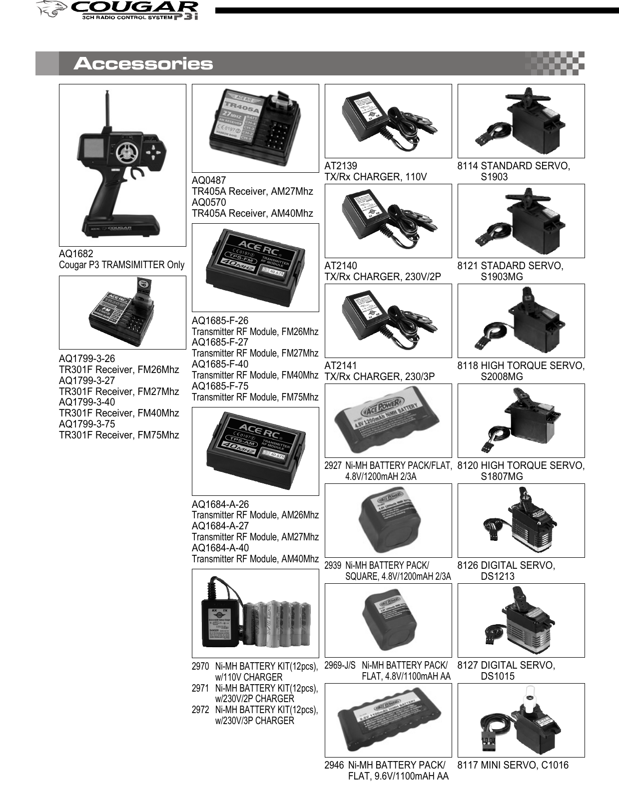 2. D/R (Dual Rate)Press the right edit button, then the cursor will move to “D/R”and entry the steering servo dual rate setting function. Onthe “Value Display”, the current D/R value will be shown. Usethe up and down edit buttons to adjust the value.This D/R function is to adjust the overall travel of the steeringservo. And the D/R setting, the steering servo left and rightsteering angles will be adjusted simultaneously.The default steering D/R setting is 100%, the maximum is150% and the minimum is 0%. More travel (Higher D/R %)means more sensitivity for the steering wheel operating.You also can use the “Digital Steering D/R(Dual Rate) lever”to adjust  the  D/R value all the time  even the  transmitterfunction mode is not under the D/R mode.4. EPA (End Point Adjustment)Basically, EPA (End Point Adjustment) function is to determine the maximumtravel end points for each servo. And for both side traveling, the individual EPAcan be set with difference value. Move the cursor to the channel you select tostart the setting procedure.4.1) EPA / STThis function is to adjust the right(R) and left(L) maximumsteering angle. When entry  this mode, the right sidesteering angle EPA setting will be started first. So on the“Value Display” area, “R” and the current EPA value willbe show there. Using the up/down button to adjust thevalue to get the steering servo right side traveling EPAsetting. Turn the steering wheel to the left side, then the“R” on the display will be switched to “L” and you canadjust the value to get the steering servo left side travelingEPA setting. Under the mode, just use the steering wheelto choose the direction you like to set.The default steering servo  EPA  value is  100%,  themaximum is 120% and the minimum is 0%.NOTE:If the maximum servo traveling is interference withthe mechanical limit, then it will cause the linkagebinding or even damage the servo. So the best wayto set the steering EPA is to hold the steering wheelon the full turn position, then adjust the EPA to thesuitable value and make sure the steering linkagewithout binding.The contents are subject to change without prior notice due to product improvements and specification changes.Digital Pistol Grip Radio Control SystemCongratulations on your purchase of an ACE Cougar P3i digital proportional radio system. The Cougar P3i is thebest choice of the computer pistol grip radio system for driver requirement precision and smoothness of operationat the same time. Equipped with the 10-model memory, large LCD display, digital trims, AUX channel 3 button,and lots of advanced programming functions with all of the new bells and whistles.With proper use and care, ACE Cougar will make the control advanced and simple, and provide you with manyyears of enjoyment. Before operating your new radio system or installing into your model, please take a few minutesto familiarize with the various features of the system by reading this owner’s manual thoroughly.No.8306Item COUGAR P3i Radio SystemItem No 8306 8306-S1 8306-C1Transmitter COUGAR P3iReceiver TR301FServos N/I S1903 x 1 C1016 x 1Accessory Switch hardness x 1, Receiver Battery holder x 1, Frequency flag x 11. Transmitter Antenna: Never operate the transmitter without extending this antenna or you may create interferenceto other modeler.2. Power Indicator: The LED light display to indicate the power is “on” or “off”.3. Edit Buttons: The left and right buttons are the “functions” selecting keys. The up(+) and down(-) buttons arethe value adjusting keys.  For the detail of the operating of these buttons, please refer the “Function” settingprocedure (Page?)4. LCD Display: The Cougar transmitter adopts the “Easy-to-Read” display design. All the setting functions areshown on the display. Just use the ‘Edit Buttons” to select the function (left and right key) and do the setting(up and down key). For the detail setting procedure for all the function show on the display, please refer the“Function” setting procedure (Page?).5. Digital Steering Trim lever: Push this lever left or right to adjust the center point of the steering servo. Followthe adjustment, the cursor will move on the top ruler line of the LCD screen to display the current position.Basically, this adjustment is to run the model straight.6. Digital Throttle Trim lever: Push this lever up or down to adjust the center point of the throttle/brake servo.Follow the adjustment, the cursor will move on the left ruler line of the LCD screen to display the current position.Basically, this adjustment is to set the braking amount of “Drag Brake” or “Coast Brake”.NOTE: With the Digital Throttle Trim function, the maximum throttle servo travel setting will not be effected toprevent loss the full-throttle position setting. But for the Digital Steering Trim, the maximum steering servotravel setting will be changed on both left and right side. So, if the setting is not suitable, it will cause theinterference with the mechanical limit, and  will have the chance to bind the steering linkage or evendamage the steering servo.7. Digital Steering D/R(Dual Rate) lever: Push this lever left or right to adjust the amount of the steering dualrate. Right to increase the dual rate amount and left to decrease the amount.8. AUX Ch Button: Provides an extra function for the control of the model movements.9. External Charging Jack: Recharge the transmitter battery only as using a rechargeable NiCd/NiHM batterypack.10. RF Module and crystal: The crystal is plug-in the RF Module and the module unit is also plug-in the transmitter.Both AM&amp;FM modules with difference frequency(26/27/40/75) are available for the Cougar radio system. Justpress the tabs on both side of the module unit with your thumb and finger while pulling it outward to removethe module from the transmitter.NOTE: It’s recommended to use only the ACE crystal set, and to change the both transmitter and receiver crystalat the same time.11. Steering Wheel: Controls the steering of the model.12. Power Switch: Sliding to turn the transmitter on or off. Between “ON” and “OFF”, there is a selection of “DISPLAY”.When the switch is placed in the “DISPLAY” position, you can use the left and right edit buttons to get datasetting for all the function show on the LCD display. But you edit that and also cannot use that to drive the model.13. Throttle Trigger: Pull or push to control the movement of the model.14. Steering tension adjustment: Use a Phillip type screw driver to tighten or loosen the tension of the steeringwheel.15. Battery Cover: Sliding to remove the cover to install or remove the batteries.4.2) EPA/THThis function is to adjust the full throttle (H) and low/brake (L) operating amount.Entry the EPA/TH setting mode, pull the trigger back, “H” will be show on left side of the “Value Display”and the current EPA value will be show beside “H”. Using the up/down button to adjust the value to get thefull throttle EPA setting.Push the trigger forward, then “H” will changed to “L”, then use the up/down button to adjust the value toget the brake EPA setting. 4.3) EPA/AUXThis function is to adjust the auxiliary 3rdchannel EPA. Entry the EPA/AUX settingmode,  same  as  previous  steering  andthrottle EPA setting process, you can pressthe AUX Ch Button to select each side servotraveling setting. On the display, it will show“H” and “L” to represent the different sideEPA setting.5. ARC (Adjust Rate Control)This ARC function is to change the correspondmovement curve of the servo and operating stick.(steering wheel and throttle trigger) When ARCis 0%, then the movement curve is linear. All thedefault ARC percentage value is 0%. The detailsetting and effect of this function are describedas below.5.1) ARC/STBasicall y,  this  function is  to  chan ge  thesensitivity of the steering servo around theneutral position. So this value setting willeffect  both  sides  (left  and  right)  of  thesteering servo movement in the same timeand same percentage.Negative steering ARC setting will make itless sensitivity (slower) around the neutralpoint operating area and faster out of theneutral poi nt area. Positive steering ARCwill have the opposite effect.Basically, there are 4 main areas on the screen. They are“Menu”, “Value Display”, “Status Display”, and “Trim positionruler”. Using the left and right “Edit Buttons”, the cursorwill be moved to the function you like to edit. When youentry the menu function, you can press the up and down“Edit Buttons” to edit the value. After setting, just pressthe right and  left  buttons  to move  the cursor to  otherfunction and the previous value already be saved.1. Power OnSlide up the “Power Switch” to turn on the radio. You will hear a short “Bi” tone. Then on the display, the “modelnumber”(         ) will be shown on the “Menu” area, and the battery voltage value”(             ) will be shown on“Value Display” area, and  “battery voltage status diagram”(                 ) / transmitter system ( “         ” ) and tonesetting ( “      ” ) will be shown on “Status Display” area.On the top and left ruler line of the screen, the current neutral position of the steering and throttle servos will beshown on the top and left “Trim position ruler”.You can use the current selected model number setting to play your model. Or use the “Edit Buttons” to startthe programming procedure. The following are the order of the set-up procedure and detail description for eachfunction.NOTE:1) For the current battery status can be easy read from the voltage value or battery status diagram. Chargingor change the battery when the voltage is lower than 8.8V.2) For the radio RF system, the Cougar P3i is adopt the PPM system, so the           . will be show on the displayall the time.2. Audio on/off beep setting “      ”The default setting of the audio beep sound is “On”. So there will be no icon show on the right lower displayscreen. Under the “Audio on” mode, you can hear “Bi” sound when you press the edit button or digital trim lever.If you don’t like the audio on mode, you can turn off that and switch to the “silent” mode by the following procedure.When you switch to the “Silent” mode, the silent icon “      ” will be show on the right lower display screen.1) Turn off the radio.2) Pressing the “up”(+) edit button and hold it.3) Turn on the radio, and you will hear a short “Bi” tone (power on) and later a long “Bi” tone (finish tone modeswitching). Then release the hold finger on “up”(+) edit button.NOTE:Repeat the above 1)~3) procedure, then youcan switch  the “audio off” silent mode to the“audio on” mode.Thank you for purchasing of the ACE RC COUGAR Radio. Thunder Tiger strives to bring you the highest level ofquality and service we can provide. We race and test our products around the world to bring you state-of-the-artitems. Thunder Tiger guarantees that you should enjoy many hours of trouble free use from our R/C products.Thunder Tiger products have been sold worldwide through the authorized distributors that are supported directlyand rapidly from Thunder Tiger. You may find that Thunder Tiger is always pursuing to explore new items creativelywith highest quality. To update the latest product information and to get the best technical support, please feel freeto contact your local hobby shops or Thunder Tiger authorized distributor.TROUBLE SHOOTINGDo not try to operate your model if you find your radio is not working properly. Check out the radio as followingsteps. If you can not solve the problems then contact with the Thunder Tiger authorized distributor for service.Transmitter batteries replacement/installation1) Slide the battery cover in the direction as shown to remove the cover.2) Install 8pcs alkaline or rechargeable “AA” size cells into the battery holder that connected with the transmitter.3) Slide on the battery cover and make sure it is closed securely.4) Turn the power on to check. If the Power Indicator LED fails to light, check the batteries for insufficient contactor incorrect battery polarity.NOTE:a) Use only fresh, alkaline cells, all of the same brand.b) Make certain that the contacts in the battery hold er stay clean by using a pencil eraser to gently remove anycorrosion or dirt that may accumulate on them. It is recommended to do this each time you install fresh cellsinto your transmitter.c) If use the rechargeable 9.6V battery pack, then just remove the battery holder by pull out the connector fromthe transmitter. Then plug-in the battery pack connector to the transmitter.d) When the rechargeable battery is installed in the transmitter, they can be charged through the external chargingjack located on the transmitter.WARNING:a) Do not attempt to charge the alkaline batteries, they may cause explode!!b) When charge the rechargeable battery, set the power switch on “OFF” position before charging. And thecharger plug must be correct type (“+” inside and “-“outside, type TAMIYA N-3U or equivalent). The wrongtype may burst causing personal injury and damage.c) Always be sure the batteries are loaded in the correct polarity order. If the batteries are load incorrectly, thetransmitter may be damaged.Receiver battery replacement/installationInsert 4 fresh AA cells into the receiver battery holder. Make sure the batteries are located in the correct polarityorder. Maintain the battery contacts in the same way as described in previous section.Insert the switch harness plug into the receiver socket marked “BATT”.AQ1682Cougar P3 TRAMSIMITTER OnlyAQ1799-3-26TR301F Receiver, FM26MhzAQ1799-3-27TR301F Receiver, FM27MhzAQ1799-3-40TR301F Receiver, FM40MhzAQ1799-3-75TR301F Receiver, FM75MhzAQ0487TR405A Receiver, AM27MhzAQ0570TR405A Receiver, AM40MhzAQ1685-F-26Transmitter RF Module, FM26MhzAQ1685-F-27Transmitter RF Module, FM27MhzAQ1685-F-40Transmitter RF Module, FM40MhzAQ1685-F-75Transmitter RF Module, FM75MhzAQ1684-A-26Transmitter RF Module, AM26MhzAQ1684-A-27Transmitter RF Module, AM27MhzAQ1684-A-40Transmitter RF Module, AM40MhzDo not try to operate your model if you find your radio is not working properly. Check out the radio as followingsteps. If you can not solve the problems then contact with the Thunder Tiger authorized distributor for service.2970 Ni-MH BATTERY KIT(12pcs),w/110V CHARGER2971 Ni-MH BATTERY KIT(12pcs),w/230V/2P CHARGER2972 Ni-MH BATTERY KIT(12pcs),w/230V/3P CHARGERAT2139TX/Rx CHARGER, 110VAT2140TX/Rx CHARGER, 230V/2PAT2141TX/Rx CHARGER, 230/3P2927 Ni-MH BATTERY PACK/FLAT,4.8V/1200mAH 2/3A2939 Ni-MH BATTERY PACK/SQUARE, 4.8V/1200mAH 2/3A2969-J/S Ni-MH BATTERY PACK/FLAT, 4.8V/1100mAH AA2946 Ni-MH BATTERY PACK/FLAT, 9.6V/1100mAH AA8114 STANDARD SERVO,S19038121 STADARD SERVO,S1903MG8118 HIGH TORQUE SERVO,S2008MG8120 HIGH TORQUE SERVO,S1807MG8126 DIGITAL SERVO,DS12138127 DIGITAL SERVO,DS10158117 MINI SERVO, C1016Radio installation1) Connect the receiver, servos, and switch hardness/battery pack as shown.2) If you are not familiar with all the control system. Do the “bench test” before to install all the devices on the model.3) A build-in BEC (Battery Eliminator Circuitry) function are adopted in the receiver.4) Always follow the “transmitter on first, off last” procedure.5) Always install the receiver as far as possible from the motor, ESC, power battery, motor wires.. or other noisesource. Especially, do not route the motor wire next to the receiver, crystal or receiver antenna.MOTOR7.2V POWER BATTERCH2CH1Electric Car InstallationGas/Nitro Car InstallationRECEIVERESC4.8V RX BATTERRECEIVERAudio on Mode Audio off ModeYou  are  respons ible  for  the  proper  operation  of your  station (transmitter) at  all times  and  are responsible  forobservations, servicing, and maintenance as often as may be necessary to ensure proper operation. Each internalrepair and each internal adjustment to an FCC type accepted R/C transmitter must be made in accordance withthe technical re gulations specified by the FCC. The internal adj ustments should be performed by, or under theimmediate  supervision  and  responsibilit y  of, a  person  certified  as technically  qualified  to  perform transmittermaintenance and repair duties in the private land mobile services and fixed services by an organization or committeerepresentative of users in those services.The FCC at this time does not require the modeler to obtain a special license for the operation of this unit. However,it is still the owner&apos;s responsibility to observe all FCC rules &amp; regulations governing its use. For a c opy of theserules write to:Federal Communications CommissionWashington, DC 20554 Always check if there is anyone operating on the same frequency. If so, make sure that you don&apos;t turn on at thesame time. Do not operate the model or use the radio in rain, lightning, or at night. Do not operate the model or use the radio if you have been drinking alcohol or under the influence of any othersubstance that will affect your skills. Always check battery power before you operate. Always keep your transmitter clean: wipe it with a mild detergent or window cleaner if there is any fuel, oil, dirt,or dust on the transmitter. Keep out of reach of children. Do not store the radio in temperatures below -10 ˚C(14˚F) or above 40˚C (104˚F) or in a humid, dusty, or highvibration environment. Keep the radio away from direct sunlight. To prevent corrosion, take out the batteries if you are going to store the radio for a long period. The servos will glitch at ±25˚ if there is any frequency at about 200~250 MHz nearby when using this radio.5.2) ARC/THThis function is to adjust the sensitive of theaccelerating. On the throttle servo, this valueis to adjust the curve from neutral point tothe full throttle position. Normally, the positiveARC/TH  percentage  will  increase  the“punch” feeling and negative ARC/TH willbroaden the power band.5.3) ARC/BRThis function is to adjust the sensitive of thebrake feeling.  On  the  throttle  servo,  thisvalue is to  adjust  the  curve  from neutralpoint to the throttle full close position. Thepositive ARC/BR percentage will have quickbrake and negative with milder brake.6. Model NumberThere are 10 set data can be saved in the radio memorycode (Model 0~9). When you entry this function mode,the Model No will “flash” and show in the “Model” Noicon. You can  use up(+)/down(-) buttons to call  themodel you want to choose. When the radio is turn on,the model that you choose in last time will be re-calledand show the model No on the model icon. Under themodel No you choose, when you do any change of thefunction data, the data will be saved automatically.7. SUB-T (Sub trim)SUB-T(sub trim) function is to do the minor adjustmentof the neutral point of the steering and throttle servos.Use  the  “up”(+)  and  “down”(-)  butto ns  to  do  theadjustment. Under the SUB-T/ST mode, use the “up”(+)button to increase the movement of the steering servoneutral point toward right side and use the “down”(-)button toward left side. The default value will be 0 andshow “R 0” on the display. If the adjusting is to the leftside and over the default neutral point, then the “R” willbe changed to “L”.SUB-T/ST mode is to adjust the throttle servo. Use thesame  adjusti ng  process  as  the  SUB- ST,  just  thecharacters will be changed from R/L (right/left) to H/L(high/low).8. REV (reverse)REV (reverse) function is to reverse the rotation directionof the servos related to transmitter operating. Entry thismode, the “NOR”(normal) or “REV”(reverse) will be showedon the display and can be switched by press the “up”(+)or “down”(-) buttons to  change  the direction. For eachindividual servo (steering, throttle &amp; AUX) rotation directioncan be changed to match the correct operating requirement.There are 4 main frequency (26Mhz/27Mz/40Mhz/75Mhz) are available for the Cougar P3i. Base on the differencecountry’s regulation, you should choose the suitable frequency to match your country’s rule. The following tableshow the difference band(crystal) available for each frequency.Each frequency is assigned a colored flag. Attach this flag to the end of your transmitter antenna  so that othermodelers can determine you frequency from a distance. This is very important since it is not possible for more thanone model to operate on the same frequency at the same time.Accessories