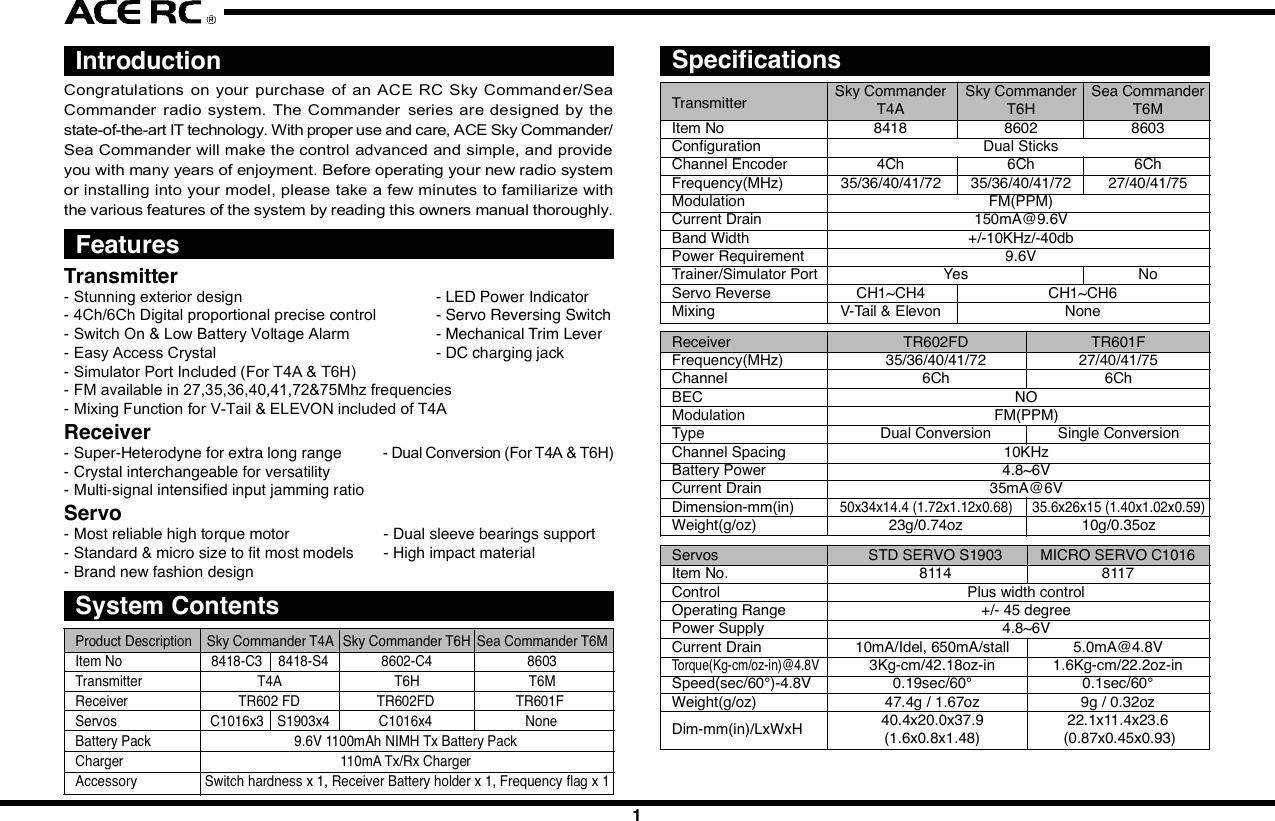 12 3 4 5 67 8 9 10IntroductionCongratulations on  your purchase  of an  ACE RC Sky Commander/SeaCommander  radio system. The Commander series are designed  by thestate-of-the-art IT technology. With proper use and care, ACE Sky Commander/Sea Commander will make the control advanced and simple, and provideyou with many years of enjoyment. Before operating your new radio systemor installing into your model, please take a few minutes to familiarize withthe various features of the system by reading this owners manual thoroughly.FeaturesTransmitter- Stunning exterior design - LED Power Indicator- 4Ch/6Ch Digital proportional precise control - Servo Reversing Switch- Switch On &amp; Low Battery Voltage Alarm - Mechanical Trim Lever- Easy Access Crystal - DC charging jack- Simulator Port Included (For T4A &amp; T6H)- FM available in 27,35,36,40,41,72&amp;75Mhz frequencies- Mixing Function for V-Tail &amp; ELEVON included of T4AReceiver- Super-Heterodyne for extra long range - Dual Conversion (For T4A &amp; T6H)- Crystal interchangeable for versatility- Multi-signal intensified input jamming ratioServo- Most reliable high torque motor - Dual sleeve bearings support- Standard &amp; micro size to fit most models - High impact material- Brand new fashion designFoam RubberSituationNo VoltageSolutionBattery    TX, RX No Power-Change new cells or recharge Wrong Position-Note the correct polarity Bad contact-Clean the Spring Antenna    TX Loose-Secure the antenna Not extended-Extend the antenna    RX Near to other wires-Move away from other wires Antenna is bound-Unbind the antennaCrystal Removed-Plug in Wrong Frequency-Use the Right Frequency Wrong Brand Crystal-Use Ace CrystalConnections Wrong Wiring-Plug the connectors correctly Bad connection-Check connectorElectric Motors Interference-Apply suitable capacitorsDo not try to operate your modelif you find your radio is not workingproperly. Check out the radio asfollowing steps. If you can not solvethe problems then contact autho-rized  tech support  for  help.  Forcustomer in North America, pleasecontact Ace R/C Tech Support forservice.Trouble ShootingServo Works ImproperlyShort DistanceNo ActionsJC20042345678910  InstallationInstallation of the transmitter batteries:Use only 8cell/9.6V rechargeable battery pack in the Commander seriestransmitter. An 8cells NiMH rechargeable battery pack and wall charger areenclosed  in  the  box.  Please  refer  the  following  pictures  to  install  therechargeable battery pack into the transmitter.Radio installationBefore installing your radio into your model, connect the receiver, servos,and switch harness/battery pack as shown. In addition to checking for properoperation, this &quot;bench test&quot; will help you to become familiar with the operationof your radio. After connecting the model components, extend  both thetransmitter and receiver antennas to their full length. Begin by turning onthe  transmitter, and then turn on  the receiver switch. Make  sure that allservos and trims levers are operating, and take a few moments to &quot;play&quot;with your system. After completion of your bench testing, turn off the receiver,followed by the transmitter.WARNINGAlways follow the &quot;transmitter on first, off last&quot; procedure. A good wayto remember this is to remind yourself to always have your receiver&quot;listening&quot; to the transmitter. If you turn the transmitter off prior toturning off the receiver, the receiver has nothing to &quot;listen to&quot;, andthis condition can sometimes damage the  servo output gear trainbecause of &quot;jitters&quot; or excessive servo travel beyond normal limits.Used on gas powered modelServosMount the servos as recommende d in your model&apos;s instruction  manual,Follow these general guidelines for servo mounting.Receiver installationNote the location of the receiver in your model&apos;s instruction manual or buildingplans.NOTEWe assume that all areas where large currents are flowing are generatingnoise, and noise is a type of radio wave. It is important to reduce thepossibility of interference by locating a fine position for receiver andantenna.HELPFUL HINTAlways install the receiver as far as possible from the motor, ESC,NiCd/NiMH batteries, motor wire or other noise sources. Especially,do not route the motor wire next to the receiver, crystal or receiverantenna.Noise suppression capacitors should be installed on almost all motors.If the proper  capacitors are not installed, high frequency noise willreduce range and cause loss of control along with various other problems.Make sure your motor is equipped with noise suppression diodes  orcapacitors.NOTEFET servo wire (7.2V) can also generate noise, position them as faraway as possible from the receiver and the antenna.Position the crystal side at the top instead of the bottom side. Please referto the following diagrams.Space available in your model will determine how much padding can beplaced around the receiver. When the receiver in a good quality foam rubber,such as those available from Du-Bro, Carl Goldberg, Sig, and others. R/Cfoam is made from natural rubber, which eliminates vibration far better thansynthetic foam, (such as the kind used for packing many consumer times).CAUTIONThe  receiver contains  precision  electronic  parts.  These parts  arevulnerable to vibration and shock.NOTEWhen wrapping the receiver, keep in mind that you are trying to cushiona delicate  piece  of electronic equipment, so &quot;wrap&quot; the foam, don&apos;t&quot;stretch&quot; it around the receiver.HELPFUL HINTIt is quite a simple way to isolate the receiver from vibration by attachingto the chassis or mounting plate with thick double-sided tape.Many modelers prefer to install their receiver into the model at this point,with no further protection. Another sizeable group of modelers prefer to goa step further, and  place  the  foam-wrapped receiver into a plastic bag,secured with a rubber band around the receiver case as well as the servoand battery wires.The advantage of the plastic wrap is the protection against fuel or oil in theevent of a major crash. The disadvantage  of the plastic, especially if yourun the model in very hot and humid conditions or wet days, is that moisturecan accumulate inside the receiver.CAUTIONAny  contact with  moisture i.e. water  or  condensation  may  causemalfunction and loss of control.HELPFUL HINTIf you choose to wrap your receiver in both foam and a plastic bag, itis recommended to periodically remove the receiver from your model,remove the foam and bag to let the receiver &quot;air out&quot;. This maintenanceprocedure will let you determine if any moisture is accumulating in theprotective wrap. Small holes cut into the bag will allow airflow into thereceiver, and eliminate the need for the periodic checks, although youwill lose a certain amount of protection against fuel or oil with this step.Battery installationAlways wrap the battery pack in foam, and mount it in the location specifiedin your models instructions. It is also recommended to wrap the battery packin a plastic bag, as its location (close to engine and fuel tank) makes fuelproofing vital.Switch installationPick the most convenient location for your on/off switch as required by yourparticular model. Always mount the switch on the opposite side of the engineexhaust. After mounting the switch, carefully bundle any excess servo wireswith cable ties, keeping them away from any moving item (pushrod, servoarm, etc.) that  could catch  and cut the wires. Any empty space  in yourfuselage radio compartment can be filled with excess foam.Receiver antennaRefer to your model&apos;s instructions for the location desired for the receiverantenna  to exit the  Body  or Fuselage. A general guideline is to exit theantenna from the Body / Fuselage at the closest possible point to the receiver,that is, have as much antenna as possible outside the model.Use a strain relief (a knot will work) where the antenna exits the model, toavoid the antenna being ripped out of the receiver in the case of a mishap.A rubber band works well for this. REMEMBER: THE ANTENNA WIRE ISYOUR MODELS &quot;LINK&quot; TO THE TRANSMITTER. Take care to eliminateany chance of the antenna wire being caught or tangled in the prop, wheels,etc.NOTEThe receiver antenna may seem long. The length of the receiver antennais critical to the proper operation of your radio. Do not cut or alter fromthe original length for any reason, or you might severely limit the rangeof the  system, and the receiver would become considerably  moresusceptible to interference and high frequency noise that will result inloss of range and control.CAUTIONIf a connector is not fully inserted, vibration may cause the connectorto work loose while the model is operating. This will result in loss ofcontrol.Battery powerTurn the power switch on to check. As the LED light begins to flash, it istime to change the cells.LinkagesOnce satisfied with the pushrods,  attach them to the servo arm/horn peryour models instructions. Then operate each servo horn over its full strokeand check to see that the linkage does not bind or is not too loose.CAUTIONBefore connecting the pushrods or control cables, make certain thatthere  is no binding or unnecessary  drag on the controls. Excessiveforce applied to the servo horn by binding or poor installation may leadto excessive power consumption by the servos and will quickly drainthe receiver pack as well as make your model perform poorly.Inspect all linkage installations and any point where metal could come incontact with other metal parts. Make sure these parts do not touch othermetal parts under vibration.NOTEThe high frequency noise generated by this contact will cause interferenceand possible loss of control.AdjustmentsWith all transmitter trim levers set in their neutral position, turn on the radiosystem and reconfirm proper control directions. Adjust the pushrods mechan-ically to achieve neutral centered control with neutral transmitter trim.The design, engineering, and production staffs at Ace R/C wish you mighthappy running with your new SkyMaster T4 FM radio system.  FunctionsServo ReversingIt is sometimes necessary or convenient to reverse the output direction ofthe  servo. The direction of the rotation for each  individual servo can bechanged  by  simply flipping  the  reversing  switch that corresponds  to thechannel number on the receiver where the servo is plugged in.  Final ChecksOnce you have completed the radio installation to your satisfaction, thentest the operation of the system before hooking up any push rods or controlcables.ConnectingCheck the receiver, servos, and battery connectors; to be sure they are firmlyconnected.  Frequency ListBase on the difference countries regulation, you should choose the suitablefrequency to match your countrys rule. The following table show differenceband(crystal) available for each frequency of Commander series  Transmitter Controls1. Right Stick: CH1 &amp; CH2 control for Mode1 type. CH3&amp;CH4 control forMode 2 type.2. Left Stick: CH3 &amp; CH4 control for Mode1 type. CH1&amp;CH2 control forMode 2 type.3~6. Channel Trim TAB: Using these functions to trim the control to neutralposition of the relative servos of each channel.7. Power Switch: Turn the transmitter on or off.8. Antenna: Never operate the transmitter without extending this antennaor you may create interference to other modeler.9. Voltage Indicator: These 3 LED lights will indicate the condition of thetransmitter battery. There are “Green”(left), “Yellow”(middle) and “RED”(right) to show the battery condition is “Good”, “Fair” and “Poor”. Whenthe middle “Yellow” LED light on, it means that the transmitter still workand remind you have to charge the battery pack. When the right “RED”LED light on, then you have to call back you model and stop the operating.Otherwise,  you  may  loose  control  of  your  model  due  to  loose  thetransmitter signal.10. Trainer Switch(Only available for T4A &amp; T6H): Trainer switch is functionto change the model control right between  the student and coach. Acoach cable must be connected with the coach and student transmitter.And this switch is control by the coach*s transmitter.11. Servo Reversing &amp; Mixing Function :a) T4A    The  left  4  switches  function  to  reverse  thedirection of the Ch1~Ch4 servos. When adopt the V-tail or Elevon mixing function, set the 6th switch onthe *ON position. The set the 5th mixing function youwant to use.b) T6H/T6M  *  The  6  switch  function  to reverse  thedirection of the Ch1~Ch6 servos.12. Crystal: The frequency could be changed by replacing the new crystalset. It is recommend to use the original manufactured crystal set andto change the transmitter and receiver crystal at same time.13. Charging  Jack:  Recharge  the transmitter  battery  only  as  using  arechargeable NiHM battery pack.repair and each internal adjustment to an FCC type accepted R/C transmittermust be made in accordance with the technical regulations specified by theFCC. The internal adjustments should be performed by, or under the immediatesupervision and responsibility of, a person certified as technically qualifiedto perform  transmitter maintenance  and  repair duties in the private  landmobile services and fixed services by an organization or committee repre-sentative of users in those services.The FCC at this time does not require the modeler to obtain a special licensefor the operation of this unit. However, it is still the owner&apos;s responsibility toobserve all FCC rules &amp; regulations governing its use. For a copy of theserules write to:Federal Communications CommissionWashington, DC 20554FCC Caution: To assure continued compliance, any changes or modificationsnot expressly approved by the party responsible for compliance could voidthe user&apos;s authority to operate this equipment. (Example - use only shieldedinterface cables when connecting to computer or peripheral devices)  Using Caution at the Flying Filed Always check if there is anyone operating on the same frequency. If so,make sure that you don&apos;t turn on at the same time. Do not operate the model or use the radio in rain, lightning, or at night. Do not operate the model or use the radio if you have been drinking alcoholor under the influence of any other substance that will affect your skills. Always check battery power before you operate. Always keep your transmitter clean: wipe it with a mild detergent or windowcleaner if there is any fuel, oil, dirt, or dust on the transmitter. Keep out of reach of children. Do not store the radio in temperatures below -10 ˚C(14˚F) or above 40˚C(104˚F) or in a humid, dusty, or high vibration environment. Keep the radioaway from direct sunlight. To prevent corrosion, take out the batteries if you are going to store theradio for a long period. The servos will glitch at ±25˚ if there is any frequency at about 200~250MHz nearby when using this radio.JAGUAR ACCESSORIES Commander accessories3Battery coverWhile pressingthis partNi-MH Battery PackAQ418-35/36/40/41/72M1SKY COMMANDER T4A TRANSMITTER,35/36/40/41/72MHz MODE1AQ418-35/36/40/41/72M2SKY COMMANDER T4A TRANSMITTER,35/36/40/41/72MHz MODE2  ServiceThank you for purchasing of the ACE RC COMMANDER SERIES Radio.Thunder Tiger strives to bring you the highest level of quality and servicewe can provide. We test our products around the world to bring you state-of-the-art items. Thunder Tiger guarantees that you should enjoy many hoursof trouble free  use from our R/C products. Thunder Tiger products havebeen sold worldwide through the authorized distributors that are supporteddirectly and rapidly from Thunder Tiger. You may find that Thunder Tigeris always pursuing to explore new items creatively with highest quality. Toupdate the latest product information and to get the best technical support,please feel free to contact your local hobby shops or Thunder Tiger authorizeddistributor.2969-J/S Ni-MH BATTERY PACK/SQUARE, 4.8V/1100mAH AASystem ContentsProduct Description Sky Commander T4A Sky Commander T6H Sea Commander T6MItem No 8418-C3 8418-S4 8602-C4 8603Transmitter T4A T6H T6MReceiver TR602 FD TR602FD TR601FServos C1016x3 S1903x4 C1016x4 NoneBattery Pack 9.6V 1100mAh NIMH Tx Battery PackCharger 110mA Tx/Rx ChargerAccessory Switch hardness x 1, Receiver Battery holder x 1, Frequency flag x 1NOTESet the Power Switch switch on OFF* position before charging. Andthe charger plug must be correct type  (+* inside and -*outside, typeTAMIYA N-3U or equivalent). The wrong type may burst causing personalinjury and damage.14. Simulator/Trainer Port: This port is designed  to connect to the PCsimulator or another transmitter to do the training with a suitable cabledevice. This trainer port is 9C connector type. So the cable you use,must have the same 9C connector type on the end. TT#2707 FSU FlyingSimulator  USB connector  is  recommended  to  connect  to the  FMSsimulator. And the #AT0148 Trainer Cable is recommend to use for theflying training.15. 5th Channel Control Switch: Function only available for T6H &amp; T6M.On T6H, this function is for the adjusting of Gyro Gain.16. 6th Cannel Control Switch: Function only available for T6H &amp; T6M.On T6H, this function is for adjusting Flight Mode*.AQ603-27/40/41/75SEA COMMANDER T6M TRANSMITTER,27/40/41/75MHzAQ602-35/36/40/41/72M1SKY COMMANDER T6H TRANSMITTER,35/36/40/41/72MHz MODE1AQ602-35/36/40/41/72M2SKY COMMANDER T6H TRANSMITTER,35/36/40/41/72MHz MODE22707-J FSU FLYING SIMULATORUSB INTERFACE, w/Phone Jack425168971315 1612101411SpecificationsTransmitter Sky Commander Sky Commander Sea CommanderT4A T6H T6MItem No 8418 8602 8603Configuration Dual SticksChannel Encoder 4Ch 6Ch 6ChFrequency(MHz) 35/36/40/41/72 35/36/40/41/72 27/40/41/75Modulation FM(PPM)Current Drain 150mA@9.6VBand Width +/-10KHz/-40dbPower Requirement 9.6VTrainer/Simulator Port Yes NoServo Reverse CH1~CH4 CH1~CH6Mixing V-Tail &amp; Elevon NoneReceiver TR602FD TR601FFrequency(MHz) 35/36/40/41/72 27/40/41/75Channel 6Ch 6ChBEC NOModulation FM(PPM)Type Dual Conversion Single ConversionChannel Spacing 10KHzBattery Power 4.8~6VCurrent Drain 35mA@6VDimension-mm(in)50x34x14.4 (1.72x1.12x0.68) 35.6x26x15 (1.40x1.02x0.59)Weight(g/oz) 23g/0.74oz 10g/0.35ozServos STD SERVO S1903 MICRO SERVO C1016Item No. 8114 8117Control Plus width controlOperating Range +/- 45 degreePower Supply 4.8~6VCurrent Drain 10mA/Idel, 650mA/stall 5.0mA@4.8VTorque(Kg-cm/oz-in)@4.8V3Kg-cm/42.18oz-in 1.6Kg-cm/22.2oz-inSpeed(sec/60°)-4.8V  0.19sec/60° 0.1sec/60°Weight(g/oz) 47.4g / 1.67oz 9g / 0.32ozDim-mm(in)/LxWxH 40.4x20.0x37.9 22.1x11.4x23.6  (1.6x0.8x1.48)  (0.87x0.45x0.93)   Fcc Rules And RegulationsYou are responsible for the proper operation of your station (transmitter) atall times and are responsible for observations, servicing, and maintenanceas often as may be necessary to ensure proper operation. Each internal
