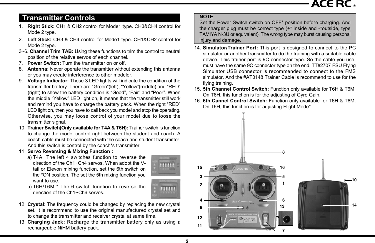 12 3 4 5 67 8 9 10IntroductionCongratulations  on your purchase of  an ACE  RC  Sky Commander/SeaCommander radio system. The Commander  series are designed by thestate-of-the-art IT technology. With proper use and care, ACE Sky Commander/Sea Commander will make the control advanced and simple, and provideyou with many years of enjoyment. Before operating your new radio systemor installing into your model, please take a few minutes to familiarize withthe various features of the system by reading this owners manual thoroughly.FeaturesTransmitter- Stunning exterior design - LED Power Indicator- 4Ch/6Ch Digital proportional precise control - Servo Reversing Switch- Switch On &amp; Low Battery Voltage Alarm - Mechanical Trim Lever- Easy Access Crystal - DC charging jack- Simulator Port Included (For T4A &amp; T6H)- FM available in 27,35,36,40,41,72&amp;75Mhz frequencies- Mixing Function for V-Tail &amp; ELEVON included of T4AReceiver- Super-Heterodyne for extra long range - Dual Conversion (For T4A &amp; T6H)- Crystal interchangeable for versatility- Multi-signal intensified input jamming ratioServo- Most reliable high torque motor - Dual sleeve bearings support- Standard &amp; micro size to fit most models - High impact material- Brand new fashion designFoam RubberSituationNo VoltageSolutionBattery    TX, RX No Power-Change new cells or recharge Wrong Position-Note the correct polarity Bad contact-Clean the Spring Antenna    TX Loose-Secure the antenna Not extended-Extend the antenna    RX Near to other wires-Move away from other wires Antenna is bound-Unbind the antennaCrystal Removed-Plug in Wrong Frequency-Use the Right Frequency Wrong Brand Crystal-Use Ace CrystalConnections Wrong Wiring-Plug the connectors correctly Bad connection-Check connectorElectric Motors Interference-Apply suitable capacitorsDo not try to operate your modelif you find your radio is not workingproperly. Check out the radio asfollowing steps. If you can not solvethe problems then contact autho-rized  tech support  for  help.  Forcustomer in North America, pleasecontact Ace R/C Tech Support forservice.Trouble ShootingServo Works ImproperlyShort DistanceNo ActionsJC20042345678910  InstallationInstallation of the transmitter batteries:Use only 8cell/9.6V rechargeable battery pack in the Commander seriestransmitter. An 8cells NiMH rechargeable battery pack and wall charger areenclosed  in  the  box.  Please  refer  the  following  pictures  to  install  therechargeable battery pack into the transmitter.Radio installationBefore installing your radio into your model, connect the receiver, servos,and switch harness/battery pack as shown. In addition to checking for properoperation, this &quot;bench test&quot; will help you to become familiar with the operationof your radio. After connecting the model components, extend  both thetransmitter and receiver antennas to their full length. Begin by turning onthe  transmitter, and then turn on  the receiver switch. Make  sure that allservos and trims levers are operating, and take a few moments to &quot;play&quot;with your system. After completion of your bench testing, turn off the receiver,followed by the transmitter.WARNINGAlways follow the &quot;transmitter on first, off last&quot; procedure. A good wayto remember this is to remind yourself to always have your receiver&quot;listening&quot; to the transmitter. If you turn the transmitter off prior toturning off the receiver, the receiver has nothing to &quot;listen to&quot;, andthis condition can sometimes damage the  servo output gear trainbecause of &quot;jitters&quot; or excessive servo travel beyond normal limits.Used on gas powered modelServosMount the servos as recommende d in your model&apos;s instruction  manual,Follow these general guidelines for servo mounting.Receiver installationNote the location of the receiver in your model&apos;s instruction manual or buildingplans.NOTEWe assume that all areas where large currents are flowing are generatingnoise, and noise is a type of radio wave. It is important to reduce thepossibility of interference by locating a fine position for receiver andantenna.HELPFUL HINTAlways install the receiver as far as possible from the motor, ESC,NiCd/NiMH batteries, motor wire or other noise sources. Especially,do not route the motor wire next to the receiver, crystal or receiverantenna.Noise suppression capacitors should be installed on almost all motors.If the proper  capacitors are not installed, high frequency noise willreduce range and cause loss of control along with various other problems.Make sure your motor is equipped with noise suppression diodes  orcapacitors.NOTEFET servo wire (7.2V) can also generate noise, position them as faraway as possible from the receiver and the antenna.Position the crystal side at the top instead of the bottom side. Please referto the following diagrams.Space available in your model will determine how much padding can beplaced around the receiver. When the receiver in a good quality foam rubber,such as those available from Du-Bro, Carl Goldberg, Sig, and others. R/Cfoam is made from natural rubber, which eliminates vibration far better thansynthetic foam, (such as the kind used for packing many consumer times).CAUTIONThe  receiver contains  precision  electronic  parts.  These parts  arevulnerable to vibration and shock.NOTEWhen wrapping the receiver, keep in mind that you are trying to cushiona delicate  piece  of electronic equipment, so &quot;wrap&quot; the foam, don&apos;t&quot;stretch&quot; it around the receiver.HELPFUL HINTIt is quite a simple way to isolate the receiver from vibration by attachingto the chassis or mounting plate with thick double-sided tape.Many modelers prefer to install their receiver into the model at this point,with no further protection. Another sizeable group of modelers prefer to goa step further, and  place  the  foam-wrapped receiver into a plastic bag,secured with a rubber band around the receiver case as well as the servoand battery wires.The advantage of the plastic wrap is the protection against fuel or oil in theevent of a major crash. The disadvantage  of the plastic, especially if yourun the model in very hot and humid conditions or wet days, is that moisturecan accumulate inside the receiver.CAUTIONAny  contact with  moisture i.e. water  or  condensation  may  causemalfunction and loss of control.HELPFUL HINTIf you choose to wrap your receiver in both foam and a plastic bag, itis recommended to periodically remove the receiver from your model,remove the foam and bag to let the receiver &quot;air out&quot;. This maintenanceprocedure will let you determine if any moisture is accumulating in theprotective wrap. Small holes cut into the bag will allow airflow into thereceiver, and eliminate the need for the periodic checks, although youwill lose a certain amount of protection against fuel or oil with this step.Battery installationAlways wrap the battery pack in foam, and mount it in the location specifiedin your models instructions. It is also recommended to wrap the battery packin a plastic bag, as its location (close to engine and fuel tank) makes fuelproofing vital.Switch installationPick the most convenient location for your on/off switch as required by yourparticular model. Always mount the switch on the opposite side of the engineexhaust. After mounting the switch, carefully bundle any excess servo wireswith cable ties, keeping them away from any moving item (pushrod, servoarm, etc.) that  could catch  and cut the wires. Any empty space  in yourfuselage radio compartment can be filled with excess foam.Receiver antennaRefer to your model&apos;s instructions for the location desired for the receiverantenna  to exit the  Body  or Fuselage. A general guideline is to exit theantenna from the Body / Fuselage at the closest possible point to the receiver,that is, have as much antenna as possible outside the model.Use a strain relief (a knot will work) where the antenna exits the model, toavoid the antenna being ripped out of the receiver in the case of a mishap.A rubber band works well for this. REMEMBER: THE ANTENNA WIRE ISYOUR MODELS &quot;LINK&quot; TO THE TRANSMITTER. Take care to eliminateany chance of the antenna wire being caught or tangled in the prop, wheels,etc.NOTEThe receiver antenna may seem long. The length of the receiver antennais critical to the proper operation of your radio. Do not cut or alter fromthe original length for any reason, or you might severely limit the rangeof the  system, and the receiver would become considerably  moresusceptible to interference and high frequency noise that will result inloss of range and control.CAUTIONIf a connector is not fully inserted, vibration may cause the connectorto work loose while the model is operating. This will result in loss ofcontrol.Battery powerTurn the power switch on to check. As the LED light begins to flash, it istime to change the cells.LinkagesOnce satisfied with the pushrods,  attach them to the servo arm/horn peryour models instructions. Then operate each servo horn over its full strokeand check to see that the linkage does not bind or is not too loose.CAUTIONBefore connecting the pushrods or control cables, make certain thatthere  is no binding or unnecessary  drag on the controls. Excessiveforce applied to the servo horn by binding or poor installation may leadto excessive power consumption by the servos and will quickly drainthe receiver pack as well as make your model perform poorly.Inspect all linkage installations and any point where metal could come incontact with other metal parts. Make sure these parts do not touch othermetal parts under vibration.NOTEThe high frequency noise generated by this contact will cause interferenceand possible loss of control.AdjustmentsWith all transmitter trim levers set in their neutral position, turn on the radiosystem and reconfirm proper control directions. Adjust the pushrods mechan-ically to achieve neutral centered control with neutral transmitter trim.The design, engineering, and production staffs at Ace R/C wish you mighthappy running with your new SkyMaster T4 FM radio system.  FunctionsServo ReversingIt is sometimes necessary or convenient to reverse the output direction ofthe  servo. The direction of the rotation for each  individual servo can bechanged  by  simply flipping  the  reversing  switch that corresponds  to thechannel number on the receiver where the servo is plugged in.  Final ChecksOnce you have completed the radio installation to your satisfaction, thentest the operation of the system before hooking up any push rods or controlcables.ConnectingCheck the receiver, servos, and battery connectors; to be sure they are firmlyconnected.  Frequency ListBase on the difference countries regulation, you should choose the suitablefrequency to match your countrys rule. The following table show differenceband(crystal) available for each frequency of Commander series  Transmitter Controls1. Right Stick: CH1 &amp; CH2 control for Mode1 type. CH3&amp;CH4 control forMode 2 type.2. Left Stick: CH3 &amp; CH4 control for Mode1 type. CH1&amp;CH2 control forMode 2 type.3~6. Channel Trim TAB: Using these functions to trim the control to neutralposition of the relative servos of each channel.7. Power Switch: Turn the transmitter on or off.8. Antenna: Never operate the transmitter without extending this antennaor you may create interference to other modeler.9. Voltage Indicator: These 3 LED lights will indicate the condition of thetransmitter battery. There are “Green”(left), “Yellow”(middle) and “RED”(right) to show the battery condition is “Good”, “Fair” and “Poor”. Whenthe middle “Yellow” LED light on, it means that the transmitter still workand remind you have to charge the battery pack. When the right “RED”LED light on, then you have to call back you model and stop the operating.Otherwise,  you  may  loose  control  of  your  model  due  to  loose  thetransmitter signal.10. Trainer Switch(Only available for T4A &amp; T6H): Trainer switch is functionto change the model control right between  the student and coach. Acoach cable must be connected with the coach and student transmitter.And this switch is control by the coach*s transmitter.11. Servo Reversing &amp; Mixing Function :a) T4A    The  left  4  switches  function  to  reverse  thedirection of the Ch1~Ch4 servos. When adopt the V-tail or Elevon mixing function, set the 6th switch onthe *ON position. The set the 5th mixing function youwant to use.b) T6H/T6M  *  The  6  switch  function  to reverse  thedirection of the Ch1~Ch6 servos.12. Crystal: The frequency could be changed by replacing the new crystalset. It is recommend to use the original manufactured crystal set andto change the transmitter and receiver crystal at same time.13. Charging  Jack:  Recharge  the transmitter  battery  only  as  using  arechargeable NiHM battery pack.repair and each internal adjustment to an FCC type accepted R/C transmittermust be made in accordance with the technical regulations specified by theFCC. The internal adjustments should be performed by, or under the immediatesupervision and responsibility of, a person certified as technically qualifiedto perform  transmitter maintenance  and  repair duties in the private  landmobile services and fixed services by an organization or committee repre-sentative of users in those services.The FCC at this time does not require the modeler to obtain a special licensefor the operation of this unit. However, it is still the owner&apos;s responsibility toobserve all FCC rules &amp; regulations governing its use. For a copy of theserules write to:Federal Communications CommissionWashington, DC 20554FCC Caution: To assure continued compliance, any changes or modificationsnot expressly approved by the party responsible for compliance could voidthe user&apos;s authority to operate this equipment. (Example - use only shieldedinterface cables when connecting to computer or peripheral devices)  Using Caution at the Flying Filed Always check if there is anyone operating on the same frequency. If so,make sure that you don&apos;t turn on at the same time. Do not operate the model or use the radio in rain, lightning, or at night. Do not operate the model or use the radio if you have been drinking alcoholor under the influence of any other substance that will affect your skills. Always check battery power before you operate. Always keep your transmitter clean: wipe it with a mild detergent or windowcleaner if there is any fuel, oil, dirt, or dust on the transmitter. Keep out of reach of children. Do not store the radio in temperatures below -10 ˚C(14˚F) or above 40˚C(104˚F) or in a humid, dusty, or high vibration environment. Keep the radioaway from direct sunlight. To prevent corrosion, take out the batteries if you are going to store theradio for a long period. The servos will glitch at ±25˚ if there is any frequency at about 200~250MHz nearby when using this radio.JAGUAR ACCESSORIES Commander accessories3Battery coverWhile pressingthis partNi-MH Battery PackAQ418-35/36/40/41/72M1SKY COMMANDER T4A TRANSMITTER,35/36/40/41/72MHz MODE1AQ418-35/36/40/41/72M2SKY COMMANDER T4A TRANSMITTER,35/36/40/41/72MHz MODE2  ServiceThank you for purchasing of the ACE RC COMMANDER SERIES Radio.Thunder Tiger strives to bring you the highest level of quality and servicewe can provide. We test our products around the world to bring you state-of-the-art items. Thunder Tiger guarantees that you should enjoy many hoursof trouble free  use from our R/C products. Thunder Tiger products havebeen sold worldwide through the authorized distributors that are supporteddirectly and rapidly from Thunder Tiger. You may find that Thunder Tigeris always pursuing to explore new items creatively with highest quality. Toupdate the latest product information and to get the best technical support,please feel free to contact your local hobby shops or Thunder Tiger authorizeddistributor.2969-J/S Ni-MH BATTERY PACK/SQUARE, 4.8V/1100mAH AASystem ContentsProduct Description Sky Commander T4A Sky Commander T6H Sea Commander T6MItem No 8418-C3 8418-S4 8602-C4 8603Transmitter T4A T6H T6MReceiver TR602 FD TR602FD TR601FServos C1016x3 S1903x4 C1016x4 NoneBattery Pack 9.6V 1100mAh NIMH Tx Battery PackCharger 110mA Tx/Rx ChargerAccessory Switch hardness x 1, Receiver Battery holder x 1, Frequency flag x 1NOTESet the Power Switch switch on OFF* position before charging. Andthe charger plug must be correct type  (+* inside and -*outside, typeTAMIYA N-3U or equivalent). The wrong type may burst causing personalinjury and damage.14. Simulator/Trainer Port: This port is designed  to connect to the PCsimulator or another transmitter to do the training with a suitable cabledevice. This trainer port is 9C connector type. So the cable you use,must have the same 9C connector type on the end. TT#2707 FSU FlyingSimulator  USB connector  is  recommended  to  connect  to the  FMSsimulator. And the #AT0148 Trainer Cable is recommend to use for theflying training.15. 5th Channel Control Switch: Function only available for T6H &amp; T6M.On T6H, this function is for the adjusting of Gyro Gain.16. 6th Cannel Control Switch: Function only available for T6H &amp; T6M.On T6H, this function is for adjusting Flight Mode*.AQ603-27/40/41/75SEA COMMANDER T6M TRANSMITTER,27/40/41/75MHzAQ602-35/36/40/41/72M1SKY COMMANDER T6H TRANSMITTER,35/36/40/41/72MHz MODE1AQ602-35/36/40/41/72M2SKY COMMANDER T6H TRANSMITTER,35/36/40/41/72MHz MODE22707-J FSU FLYING SIMULATORUSB INTERFACE, w/Phone Jack425168971315 1612101411SpecificationsTransmitter Sky Commander Sky Commander Sea CommanderT4A T6H T6MItem No 8418 8602 8603Configuration Dual SticksChannel Encoder 4Ch 6Ch 6ChFrequency(MHz) 35/36/40/41/72 35/36/40/41/72 27/40/41/75Modulation FM(PPM)Current Drain 150mA@9.6VBand Width +/-10KHz/-40dbPower Requirement 9.6VTrainer/Simulator Port Yes NoServo Reverse CH1~CH4 CH1~CH6Mixing V-Tail &amp; Elevon NoneReceiver TR602FD TR601FFrequency(MHz) 35/36/40/41/72 27/40/41/75Channel 6Ch 6ChBEC NOModulation FM(PPM)Type Dual Conversion Single ConversionChannel Spacing 10KHzBattery Power 4.8~6VCurrent Drain 35mA@6VDimension-mm(in)50x34x14.4 (1.72x1.12x0.68) 35.6x26x15 (1.40x1.02x0.59)Weight(g/oz) 23g/0.74oz 10g/0.35ozServos STD SERVO S1903 MICRO SERVO C1016Item No. 8114 8117Control Plus width controlOperating Range +/- 45 degreePower Supply 4.8~6VCurrent Drain 10mA/Idel, 650mA/stall 5.0mA@4.8VTorque(Kg-cm/oz-in)@4.8V3Kg-cm/42.18oz-in 1.6Kg-cm/22.2oz-inSpeed(sec/60°)-4.8V  0.19sec/60° 0.1sec/60°Weight(g/oz) 47.4g / 1.67oz 9g / 0.32ozDim-mm(in)/LxWxH 40.4x20.0x37.9 22.1x11.4x23.6  (1.6x0.8x1.48)  (0.87x0.45x0.93)   Fcc Rules And RegulationsYou are responsible for the proper operation of your station (transmitter) atall times and are responsible for observations, servicing, and maintenanceas often as may be necessary to ensure proper operation. Each internal