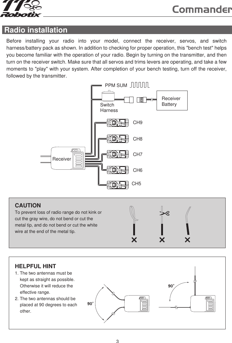 Radio installationBefore  installing  your  radio  into  your  model,  connect  the  receiver,  servos,  and  switch harness/battery pack as shown. In addition to checking for proper operation, this &quot;bench test&quot; helps you become familiar with the operation of your radio. Begin by turning on the transmitter, and then turn on the receiver switch. Make sure that all servos and trims levers are operating, and take a few moments to &quot;play&quot; with your system. After completion of your bench testing, turn off the receiver, followed by the transmitter.CAUTIONTo prevent loss of radio range do not kink or cut the gray wire, do not bend or cut the metal tip, and do not bend or cut the white wire at the end of the metal tip.HELPFUL HINT1. The two antennas must be kept as straight as possible. Otherwise it will reduce the effective range.  2. The two antennas should be placed at 90 degrees to each other.CH5Switch HarnessReceiverReceiverBatteryCH9PPM SUMCH8CH7CH63