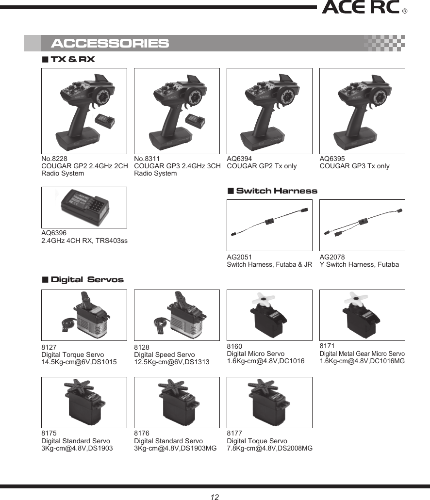 ■ TX &amp; RX ACCESSORIESNo.8311COUGAR GP3 2.4GHz 3CH Radio SystemNo.8228COUGAR GP2 2.4GHz 2CH Radio SystemAG2078 Y Switch Harness, FutabaAG2051 Switch Harness, Futaba &amp; JR■ Switch Harness■ Digital  Servos8176Digital Standard Servo 3Kg-cm@4.8V,DS1903MG8177Digital Toque Servo 7.8Kg-cm@4.8V,DS2008MG8175Digital Standard Servo 3Kg-cm@4.8V,DS19038127 Digital Torque Servo14.5Kg-cm@6V,DS10158128 Digital Speed Servo12.5Kg-cm@6V,DS13138160Digital Micro Servo 1.6Kg-cm@4.8V,DC10168171Digital Metal Gear Micro Servo 1.6Kg-cm@4.8V,DC1016MGAQ63962.4GHz 4CH RX, TRS403ssAQ6395COUGAR GP3 Tx onlyAQ6394COUGAR GP2 Tx only12