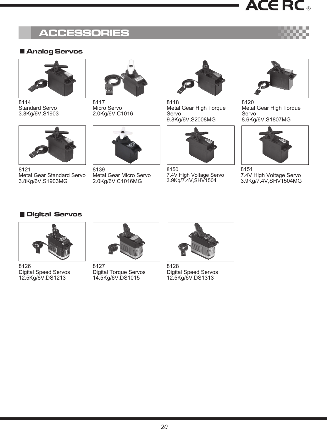 208126 Digital Speed Servos 12.5Kg/6V,DS1213 8127 Digital Torque Servos 14.5Kg/6V,DS10158128 Digital Speed Servos 12.5Kg/6V,DS13138151 7.4V High Voltage Servo 3.9Kg/7.4V,SHV1504MGACCESSORIES■ Analog Servos■ Digital  Servos8114 Standard Servo 3.8Kg/6V,S1903 8117 Micro Servo 2.0Kg/6V,C10168118 Metal Gear High Torque Servo 9.8Kg/6V,S2008MG 8120 Metal Gear High Torque Servo 8.6Kg/6V,S1807MG8121 Metal Gear Standard Servo 3.8Kg/6V,S1903MG8139 Metal Gear Micro Servo 2.0Kg/6V,C1016MG8150 7.4V High Voltage Servo 3.9Kg/7.4V,SHV1504