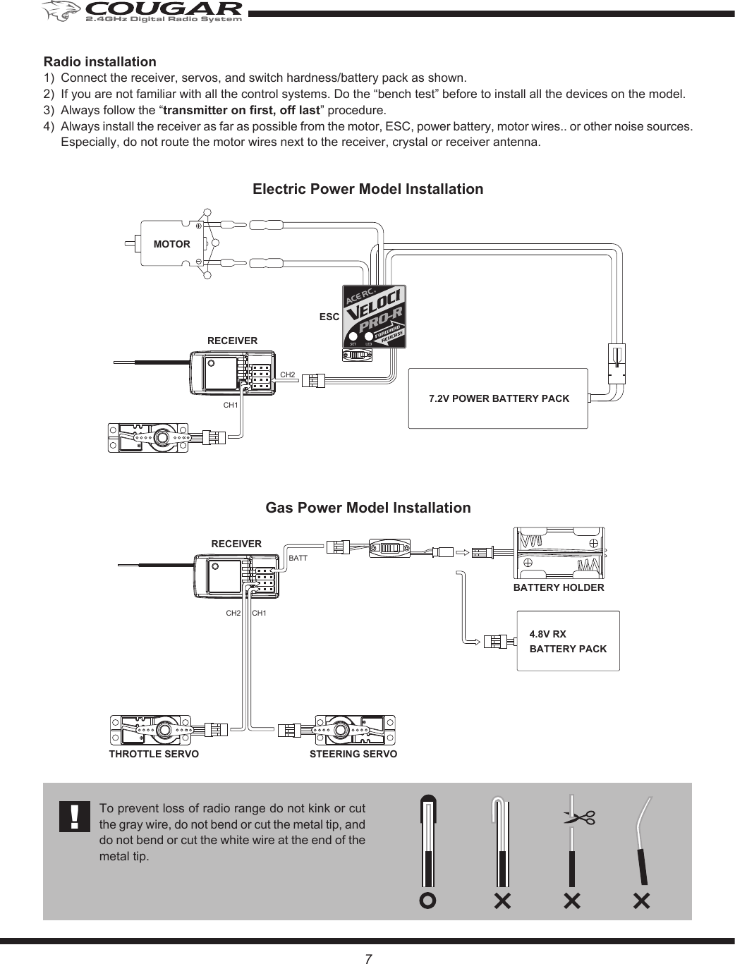 Gas Power Model InstallationBATTERY HOLDER4.8V RXBATTERY PACKCH1CH2BATTSTEERING SERVOTHROTTLE SERVORECEIVERElectric Power Model InstallationMOTOR7.2V POWER BATTERY PACKCH2CH1ESCRECEIVERRadio installation1)  Connect the receiver, servos, and switch hardness/battery pack as shown.2)  If you are not familiar with all the control systems. Do the “bench test” before to install all the devices on the model.3)  Always follow the “transmitter on first, off last” procedure.4)  Always install the receiver as far as possible from the motor, ESC, power battery, motor wires.. or other noise sources. Especially, do not route the motor wires next to the receiver, crystal or receiver antenna. 7To prevent loss of radio range do not kink or cut the gray wire, do not bend or cut the metal tip, and do not bend or cut the white wire at the end of the metal tip.!2.4GHz Digital Radio System