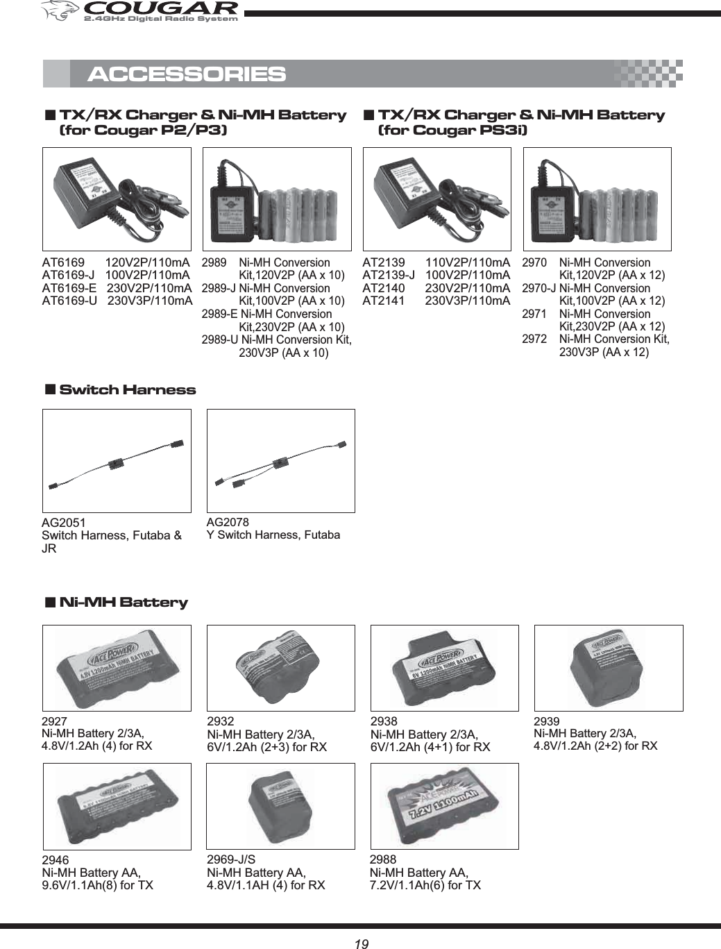 AG2078Y Switch Harness, Futaba19AG2051Switch Harness, Futaba &amp; JR2927Ni-MH Battery 2/3A,4.8V/1.2Ah (4) for RX 2932Ni-MH Battery 2/3A,6V/1.2Ah (2+3) for RX2938Ni-MH Battery 2/3A,6V/1.2Ah (4+1) for RX2939Ni-MH Battery 2/3A,4.8V/1.2Ah (2+2) for RX2988Ni-MH Battery AA,7.2V/1.1Ah(6) for TX2969-J/SNi-MH Battery AA,4.8V/1.1AH (4) for RXAT6169      120V2P/110mAAT6169-J   100V2P/110mAAT6169-E   230V2P/110mAAT6169-U   230V3P/110mA2989    Ni-MH Conversion Kit,120V2P (AA x 10)2989-J Ni-MH Conversion Kit,100V2P (AA x 10)2989-E Ni-MH Conversion Kit,230V2P (AA x 10)2989-U Ni-MH Conversion Kit, 230V3P (AA x 10)ŁTX/RX Charger &amp; Ni-MH Battery(for Cougar P2/P3)ŁTX/RX Charger &amp; Ni-MH Battery(for Cougar PS3i)ŁSwitch HarnessŁNi-MH BatteryACCESSORIESAT2139      110V2P/110mAAT2139-J   100V2P/110mAAT2140      230V2P/110mAAT2141      230V3P/110mA2970    Ni-MH Conversion Kit,120V2P (AA x 12)2970-J Ni-MH Conversion Kit,100V2P (AA x 12)2971    Ni-MH Conversion Kit,230V2P (AA x 12)2972    Ni-MH Conversion Kit, 230V3P (AA x 12)2946Ni-MH Battery AA,9.6V/1.1Ah(8) for TX2.4GHz Digital Radio System