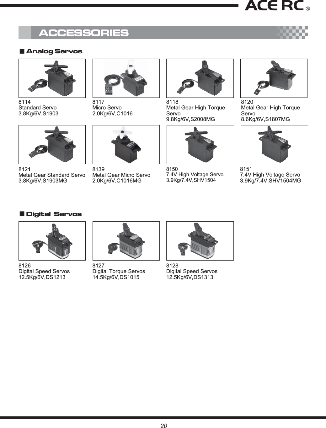 208126Digital Speed Servos 12.5Kg/6V,DS12138127Digital Torque Servos 14.5Kg/6V,DS10158128Digital Speed Servos 12.5Kg/6V,DS131381517.4V High Voltage Servo 3.9Kg/7.4V,SHV1504MGACCESSORIESŁAnalog ServosŁDigital  Servos8114Standard Servo 3.8Kg/6V,S19038117Micro Servo 2.0Kg/6V,C10168118Metal Gear High Torque Servo9.8Kg/6V,S2008MG8120Metal Gear High Torque Servo8.6Kg/6V,S1807MG8121Metal Gear Standard Servo 3.8Kg/6V,S1903MG8139Metal Gear Micro Servo 2.0Kg/6V,C1016MG81507.4V High Voltage Servo 3.9Kg/7.4V,SHV1504