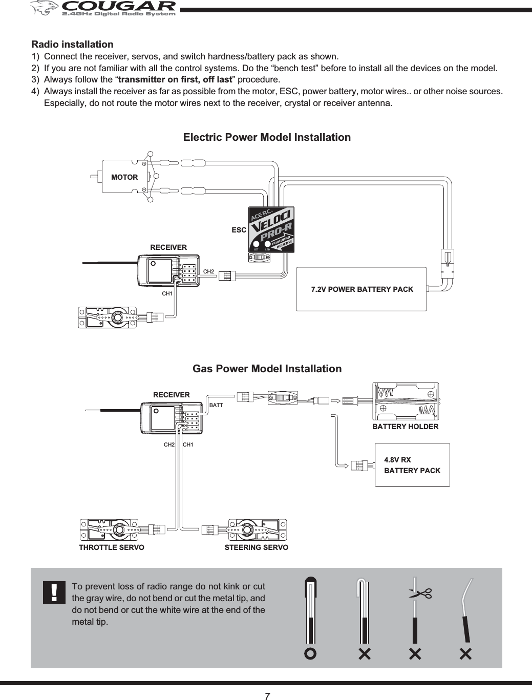 Gas Power Model InstallationBATTERY HOLDER4.8V RXBATTERY PACKCH1CH2BATTSTEERING SERVOTHROTTLE SERVORECEIVERElectric Power Model InstallationMOTOR7.2V POWER BATTERY PACKCH2CH1ESCRECEIVERRadio installation1)  Connect the receiver, servos, and switch hardness/battery pack as shown.2)  If you are not familiar with all the control systems. Do the “bench test” before to install all the devices on the model.3)  Always follow the “transmitter on first, off last” procedure.4)  Always install the receiver as far as possible from the motor, ESC, power battery, motor wires.. or other noise sources. Especially, do not route the motor wires next to the receiver, crystal or receiver antenna. 7To prevent loss of radio range do not kink or cut the gray wire, do not bend or cut the metal tip, and do not bend or cut the white wire at the end of the metal tip.!2.4GHz Digital Radio System