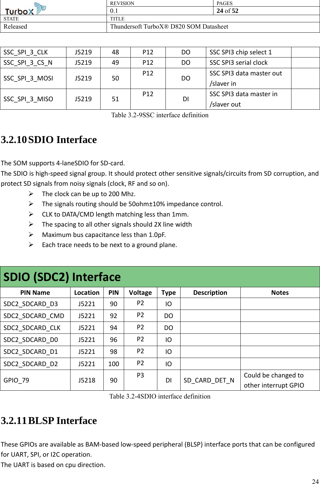 REVISION PAGES0.1  24 of 52 STATE TITLE Released Thundersoft TurboX® D820 SOM Datasheet        24SSC_SPI_3_CLK  J5219  48  P12  DO  SSC SPI3 chip select 1   SSC_SPI_3_CS_N  J5219  49  P12  DO  SSC SPI3 serial clock   SSC_SPI_3_MOSI J5219 50  P12  DO  SSC SPI3 data master out /slaver in   SSC_SPI_3_MISO J5219 51  P12  DI  SSC SPI3 data master in /slaver out   Table 3.2-9SSC interface definition 3.2.10 SDIO Interface The SOM supports 4-laneSDIO for SD-card. The SDIO is high-speed signal group. It should protect other sensitive signals/circuits from SD corruption, and protect SD signals from noisy signals (clock, RF and so on).  The clock can be up to 200 Mhz.    The signals routing should be 50ohm±10% impedance control.  CLK to DATA/CMD length matching less than 1mm.  The spacing to all other signals should 2X line width  Maximum bus capacitance less than 1.0pF.  Each trace needs to be next to a ground plane.  SDIO (SDC2) Interface PIN Name  Location PIN Voltage Type Description Notes SDC2_SDCARD_D3 J5221 90 P2  IO    SDC2_SDCARD_CMD J5221 92  P2  DO    SDC2_SDCARD_CLK J5221 94  P2  DO    SDC2_SDCARD_D0 J5221 96 P2  IO    SDC2_SDCARD_D1 J5221 98 P2  IO    SDC2_SDCARD_D2 J5221 100 P2  IO    GPIO_79 J5218 90 P3  DI SD_CARD_DET_N Could be changed to other interrupt GPIO Table 3.2-4SDIO interface definition 3.2.11 BLSP Interface These GPIOs are available as BAM-based low-speed peripheral (BLSP) interface ports that can be configured for UART, SPI, or I2C operation. The UART is based on cpu direction. 