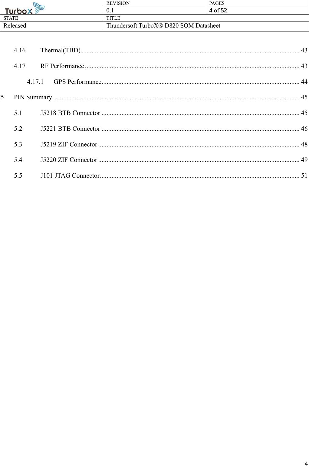 REVISION PAGES0.1  4 of 52 STATE TITLE Released Thundersoft TurboX® D820 SOM Datasheet        44.16 Thermal(TBD) ................................................................................................................................... 43 4.17 RF Performance ................................................................................................................................. 43 4.17.1 GPS Performance ....................................................................................................................... 44 5 PIN Summary .................................................................................................................................................... 45 5.1 J5218 BTB Connector ....................................................................................................................... 45 5.2 J5221 BTB Connector ....................................................................................................................... 46 5.3 J5219 ZIF Connector ......................................................................................................................... 48 5.4 J5220 ZIF Connector ......................................................................................................................... 49 5.5 J101 JTAG Connector ........................................................................................................................ 51    