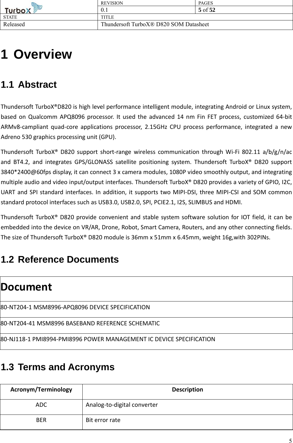 REVISION PAGES0.1  5 of 52 STATE TITLE Released Thundersoft TurboX® D820 SOM Datasheet        51 Overview 1.1 Abstract Thundersoft TurboX®D820 is high level performance intelligent module, integrating Android or Linux system, based on Qualcomm APQ8096 processor. It used the advanced 14 nm Fin FET process, customized 64-bit ARMv8-campliant quad-core applications processor, 2.15GHz CPU process performance, integrated a new Adreno 530 graphics processing unit (GPU). Thundersoft TurboX® D820 support short-range wireless communication through Wi-Fi 802.11 a/b/g/n/ac and BT4.2, and integrates GPS/GLONASS satellite positioning system. Thundersoft TurboX® D820 support 3840*2400@60fps display, it can connect 3 x camera modules, 1080P video smoothly output, and integrating multiple audio and video input/output interfaces. Thundersoft TurboX® D820 provides a variety of GPIO, I2C, UART and SPI standard interfaces. In addition, it supports two MIPI-DSI, three MIPI-CSI and SOM common standard protocol interfaces such as USB3.0, USB2.0, SPI, PCIE2.1, I2S, SLIMBUS and HDMI. Thundersoft TurboX® D820 provide convenient and stable system software solution for IOT field, it can be embedded into the device on VR/AR, Drone, Robot, Smart Camera, Routers, and any other connecting fields. The size of Thundersoft TurboX® D820 module is 36mm x 51mm x 6.45mm, weight 16g,with 302PINs.     1.2 Reference Documents Document 80-NT204-1 MSM8996-APQ8096 DEVICE SPECIFICATION   80-NT204-41 MSM8996 BASEBAND REFERENCE SCHEMATIC 80-NJ118-1 PMI8994-PMI8996 POWER MANAGEMENT IC DEVICE SPECIFICATION 1.3 Terms and Acronyms Acronym/Terminology Description ADC Analog-to-digital converter BER    Bit error rate 