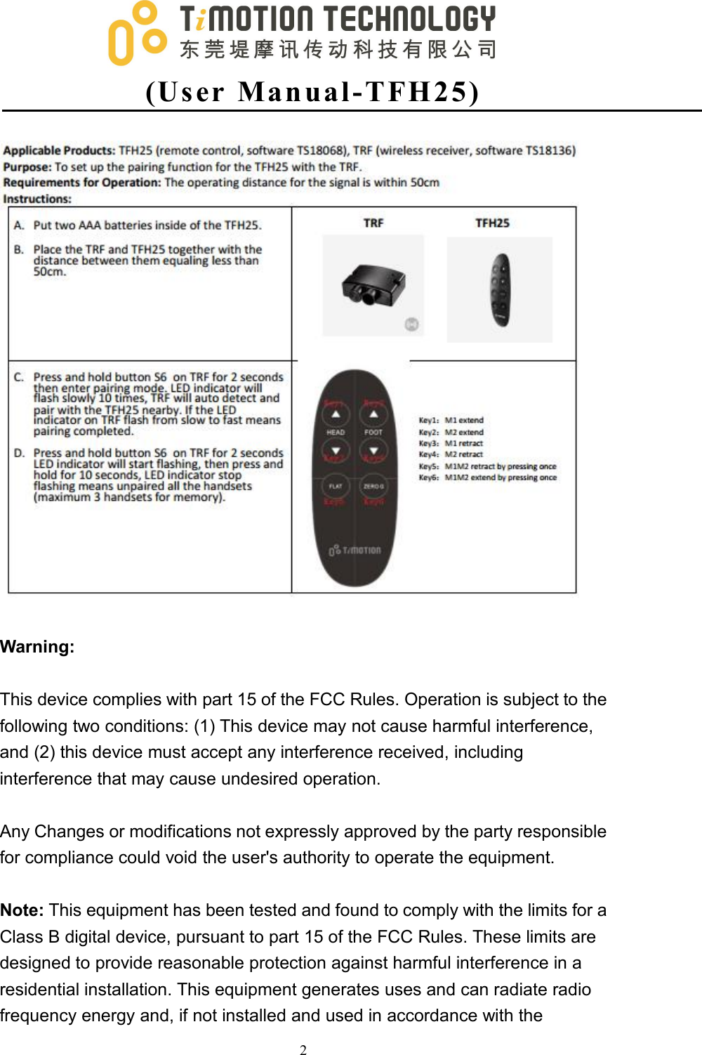 (Us er Man ual -T FH2 5 )2Warning:This device complies with part 15 of the FCC Rules. Operation is subject to thefollowing two conditions: (1) This device may not cause harmful interference,and (2) this device must accept any interference received, includinginterference that may cause undesired operation.Any Changes or modifications not expressly approved by the party responsiblefor compliance could void the user&apos;s authority to operate the equipment.Note: This equipment has been tested and found to comply with the limits for aClass B digital device, pursuant to part 15 of the FCC Rules. These limits aredesigned to provide reasonable protection against harmful interference in aresidential installation. This equipment generates uses and can radiate radiofrequency energy and, if not installed and used in accordance with the