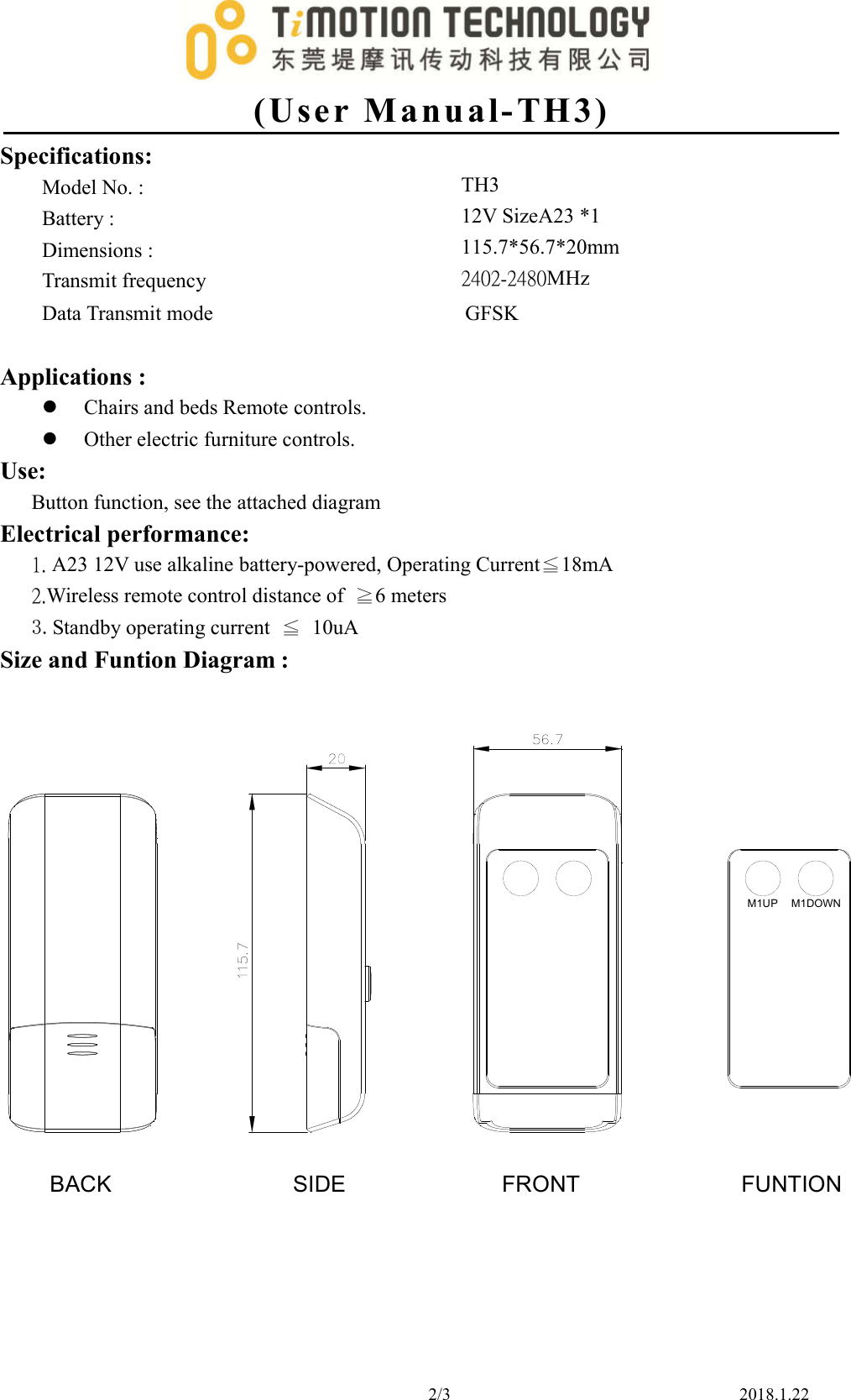 Page 2 of TiMOTION Technology TH2-4 WIRELESS REMOTE CONTROL User Manual 