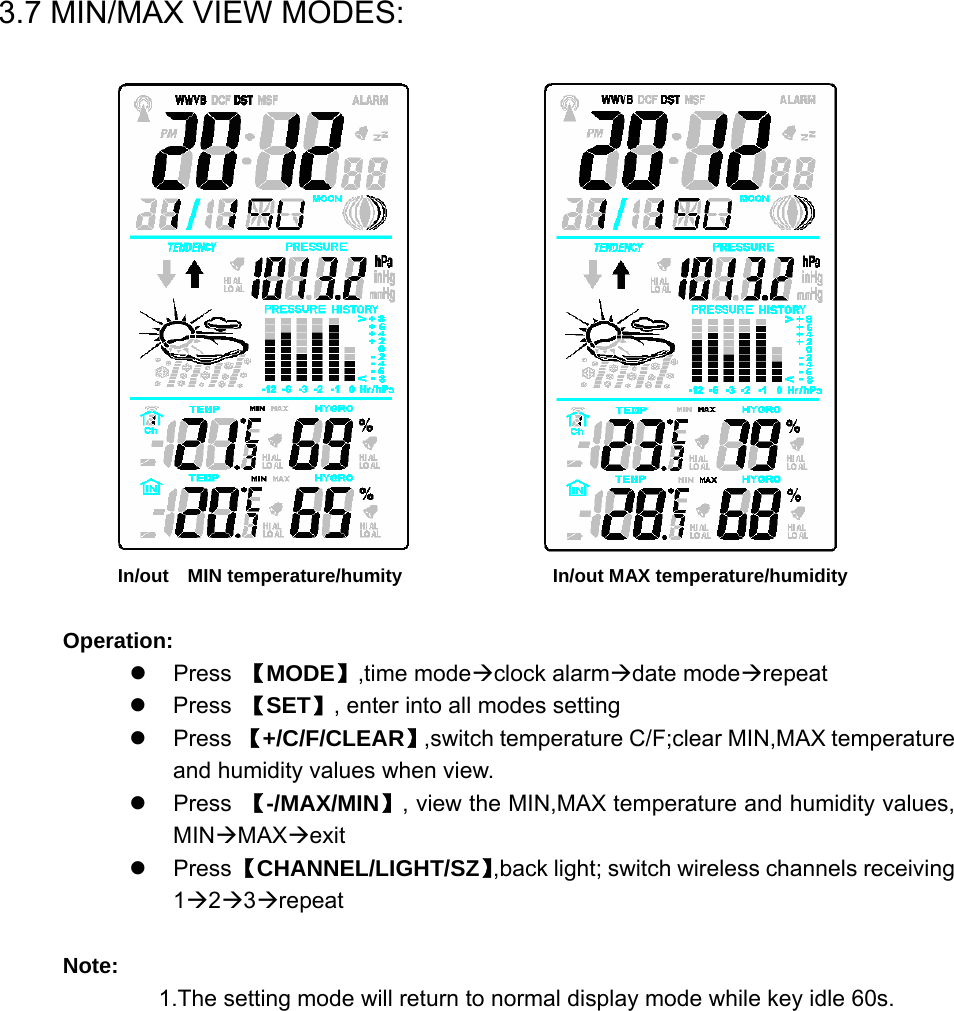   3.7 MIN/MAX VIEW MODES:                         In/out  MIN temperature/humity                  In/out MAX temperature/humidity  Operation: z Press 【MODE】,time modeÆclock alarmÆdate modeÆrepeat z Press 【SET】, enter into all modes setting z Press 【+/C/F/CLEAR】,switch temperature C/F;clear MIN,MAX temperature and humidity values when view. z Press 【-/MAX/MIN】, view the MIN,MAX temperature and humidity values, MINÆMAXÆexit z Press 【CHANNEL/LIGHT/SZ】,back light; switch wireless channels receiving 1Æ2Æ3Ærepeat  Note: 1.The setting mode will return to normal display mode while key idle 60s. 