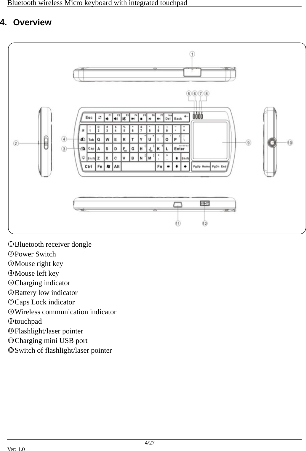  Bluetooth wireless Micro keyboard with integrated touchpad    4/27 Ver: 1.0 4.  Overview  ○1Bluetooth receiver dongle ○2Power Switch ○3Mouse right key ○4Mouse left key ○5Charging indicator ○6Battery low indicator ○7Caps Lock indicator ○8Wireless communication indicator ○9touchpad ○10 Flashlight/laser pointer ○11 Charging mini USB port ○12 Switch of flashlight/laser pointer       