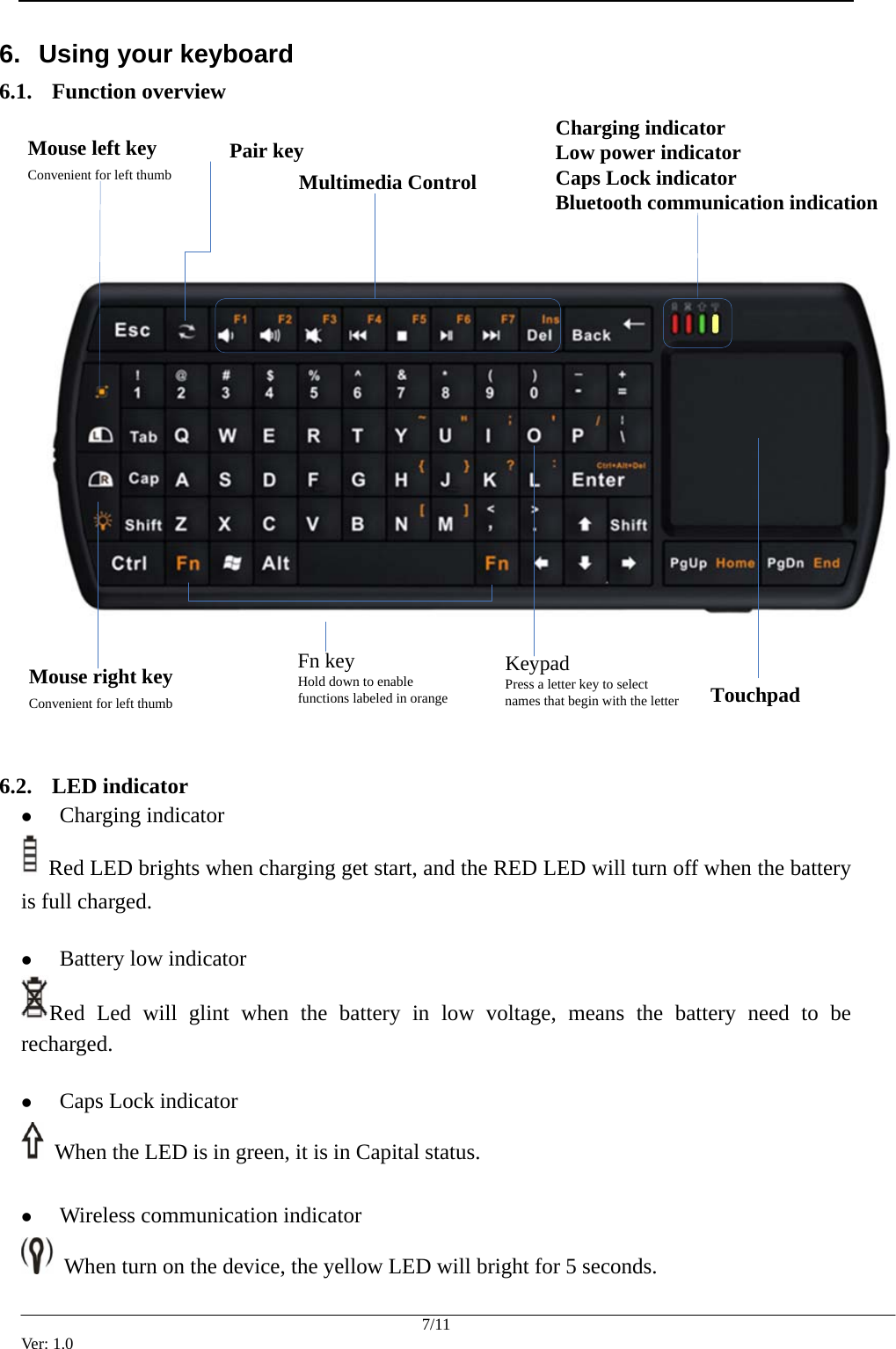  6.  Using your keyboard 6.1. Function overview Mouse left keyConvenient for left thumbMouse right keyConvenient for left thumbPair keyTouchpadCharging indicatorLow power indicatorCaps Lock indicatorBluetooth communication indicationMultimedia ControlFn keyHold down to enable functions labeled in orangeKeypadPress a letter key to select names that begin with the letter 6.2. LED indicator z Charging indicator   Red LED brights when charging get start, and the RED LED will turn off when the battery is full charged.    z Battery low indicator Red Led will glint when the battery in low voltage, means the battery need to be recharged.  z Caps Lock indicator   When the LED is in green, it is in Capital status.  z Wireless communication indicator 7/11 Ver: 1.0   When turn on the device, the yellow LED will bright for 5 seconds.  
