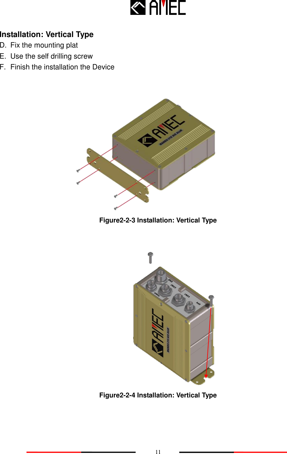    11 Installation: Vertical Type D.  Fix the mounting plat E.  Use the self drilling screw F.  Finish the installation the Device                        Figure2-2-3 Installation: Vertical Type                                   Figure2-2-4 Installation: Vertical Type 