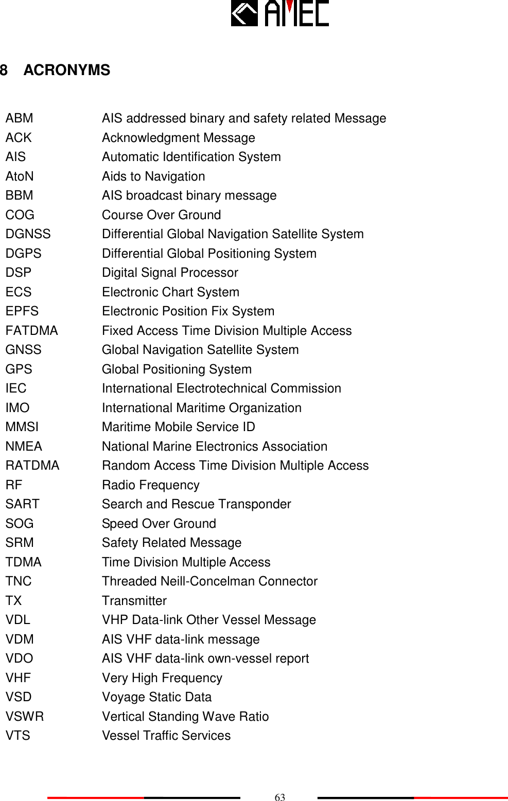    63 8  ACRONYMS  ABM AIS addressed binary and safety related Message ACK Acknowledgment Message AIS Automatic Identification System AtoN Aids to Navigation BBM AIS broadcast binary message COG Course Over Ground DGNSS Differential Global Navigation Satellite System DGPS Differential Global Positioning System DSP Digital Signal Processor ECS Electronic Chart System EPFS Electronic Position Fix System FATDMA Fixed Access Time Division Multiple Access GNSS Global Navigation Satellite System GPS Global Positioning System IEC International Electrotechnical Commission IMO International Maritime Organization MMSI Maritime Mobile Service ID NMEA National Marine Electronics Association RATDMA Random Access Time Division Multiple Access RF Radio Frequency SART Search and Rescue Transponder SOG Speed Over Ground SRM Safety Related Message TDMA Time Division Multiple Access TNC Threaded Neill-Concelman Connector TX Transmitter VDL VHP Data-link Other Vessel Message VDM AIS VHF data-link message VDO AIS VHF data-link own-vessel report VHF Very High Frequency VSD Voyage Static Data VSWR Vertical Standing Wave Ratio VTS Vessel Traffic Services  
