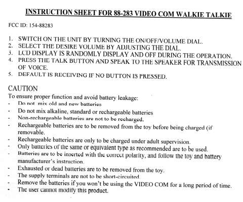 Video Com Walkie Talkie User Manual
