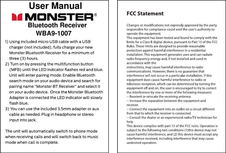 Bluetooth ReceiverUser ManualWBA9-1007