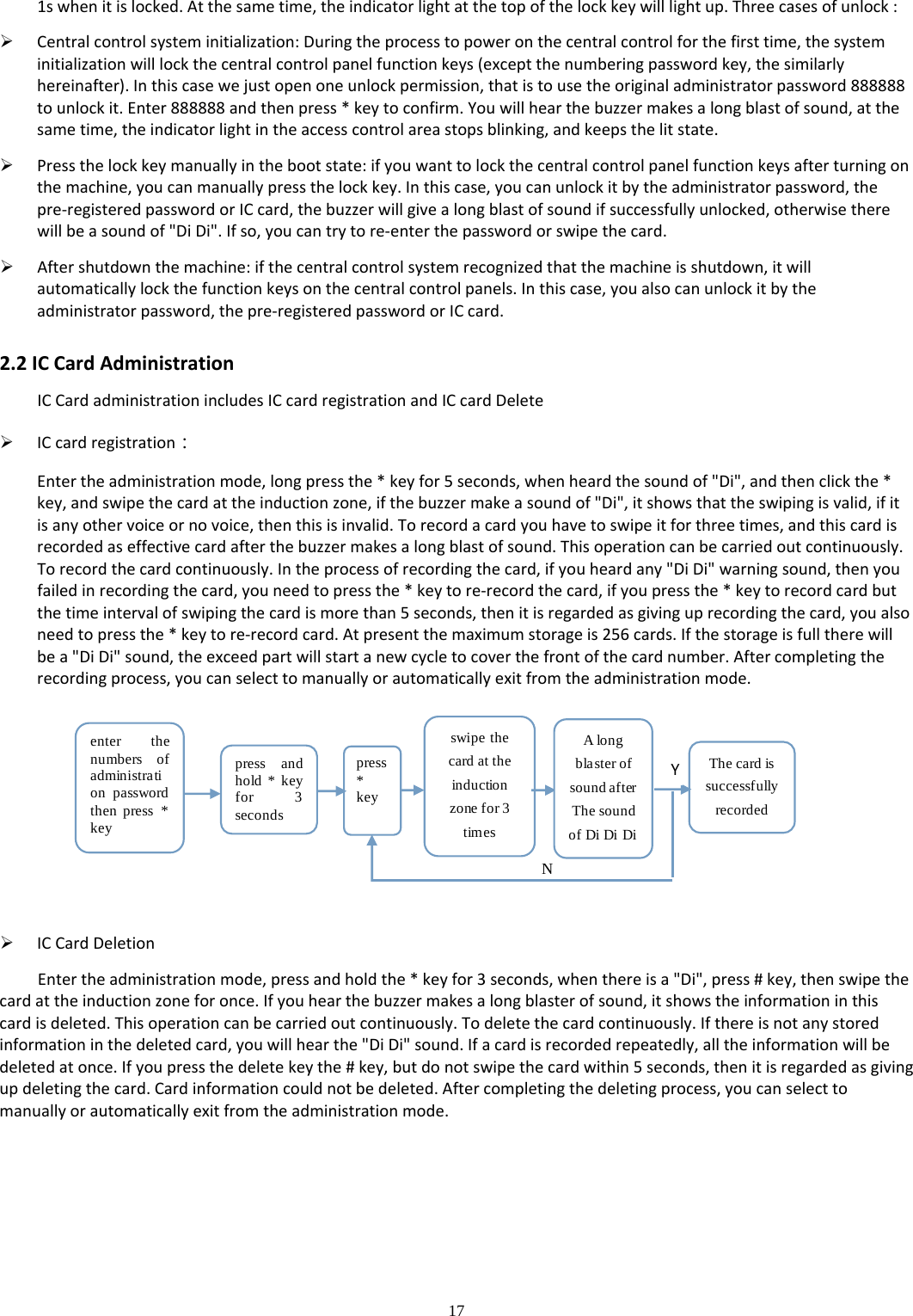 17  1swhenitislocked.Atthesametime,theindicatorlightatthetopofthelockkeywilllightup.Threecasesofunlock: Centralcontrolsysteminitialization:Duringtheprocesstopoweronthecentralcontrolforthefirsttime,thesysteminitializationwilllockthecentralcontrolpanelfunctionkeys(exceptthenumberingpasswordkey,thesimilarlyhereinafter).Inthiscasewejustopenoneunlockpermission,thatistousetheoriginaladministratorpassword888888tounlockit.Enter888888andthenpress*keytoconfirm.Youwillhearthebuzzermakesalongblastofsound,atthesametime,theindicatorlightintheaccesscontrolareastopsblinking,andkeepsthelitstate. Pressthelockkeymanuallyinthebootstate:ifyouwanttolockthecentralcontrolpanelfunctionkeysafterturningonthemachine,youcanmanuallypressthelockkey.Inthiscase,youcanunlockitbytheadministratorpassword,thepre‐registeredpasswordorICcard,thebuzzerwillgivealongblastofsoundifsuccessfullyunlocked,otherwisetherewillbeasoundof&quot;DiDi&quot;.Ifso,youcantrytore‐enterthepasswordorswipethecard. Aftershutdownthemachine:ifthecentralcontrolsystemrecognizedthatthemachineisshutdown,itwillautomaticallylockthefunctionkeysonthecentralcontrolpanels.Inthiscase,youalsocanunlockitbytheadministratorpassword,thepre‐registeredpasswordorICcard.2.2ICCardAdministrationICCardadministrationincludesICcardregistrationandICcardDelete ICcardregistration：Entertheadministrationmode,longpressthe*keyfor5seconds,whenheardthesoundof&quot;Di&quot;,andthenclickthe*key,andswipethecardattheinductionzone,ifthebuzzermakeasoundof&quot;Di&quot;,itshowsthattheswipingisvalid,ifitisanyothervoiceornovoice,thenthisisinvalid.Torecordacardyouhavetoswipeitforthreetimes,andthiscardisrecordedaseffectivecardafterthebuzzermakesalongblastofsound.Thisoperationcanbecarriedoutcontinuously.Torecordthecardcontinuously.Intheprocessofrecordingthecard,ifyouheardany&quot;DiDi&quot;warningsound,thenyoufailedinrecordingthecard,youneedtopressthe*keytore‐recordthecard,ifyoupressthe*keytorecordcardbutthetimeintervalofswipingthecardismorethan5seconds,thenitisregardedasgivinguprecordingthecard,youalsoneedtopressthe*keytore‐recordcard.Atpresentthemaximumstorageis256cards.Ifthestorageisfulltherewillbea&quot;DiDi&quot;sound,theexceedpartwillstartanewcycletocoverthefrontofthecardnumber.Aftercompletingtherecordingprocess,youcanselecttomanuallyorautomaticallyexitfromtheadministrationmode.enter thenumbers ofadministration passwordthen press *keypress andhold * keyfor 3secondspress*keyswipe thecard at theinductionzone for 3timesAlongblaster ofsound afterThe soundof Di Di DiThe card issuccessfullyrecordedYN ICCardDeletionEntertheadministrationmode,pressandholdthe*keyfor3seconds,whenthereisa&quot;Di&quot;,press#key,thenswipethecardattheinductionzoneforonce.Ifyouhearthebuzzermakesalongblasterofsound,itshowstheinformationinthiscardisdeleted.Thisoperationcanbecarriedoutcontinuously.Todeletethecardcontinuously.Ifthereisnotanystoredinformationinthedeletedcard,youwillhearthe&quot;DiDi&quot;sound.Ifacardisrecordedrepeatedly,alltheinformationwillbedeletedatonce.Ifyoupressthedeletekeythe#key,butdonotswipethecardwithin5seconds,thenitisregardedasgivingupdeletingthecard.Cardinformationcouldnotbedeleted.Aftercompletingthedeletingprocess,youcanselecttomanuallyorautomaticallyexitfromtheadministrationmode.